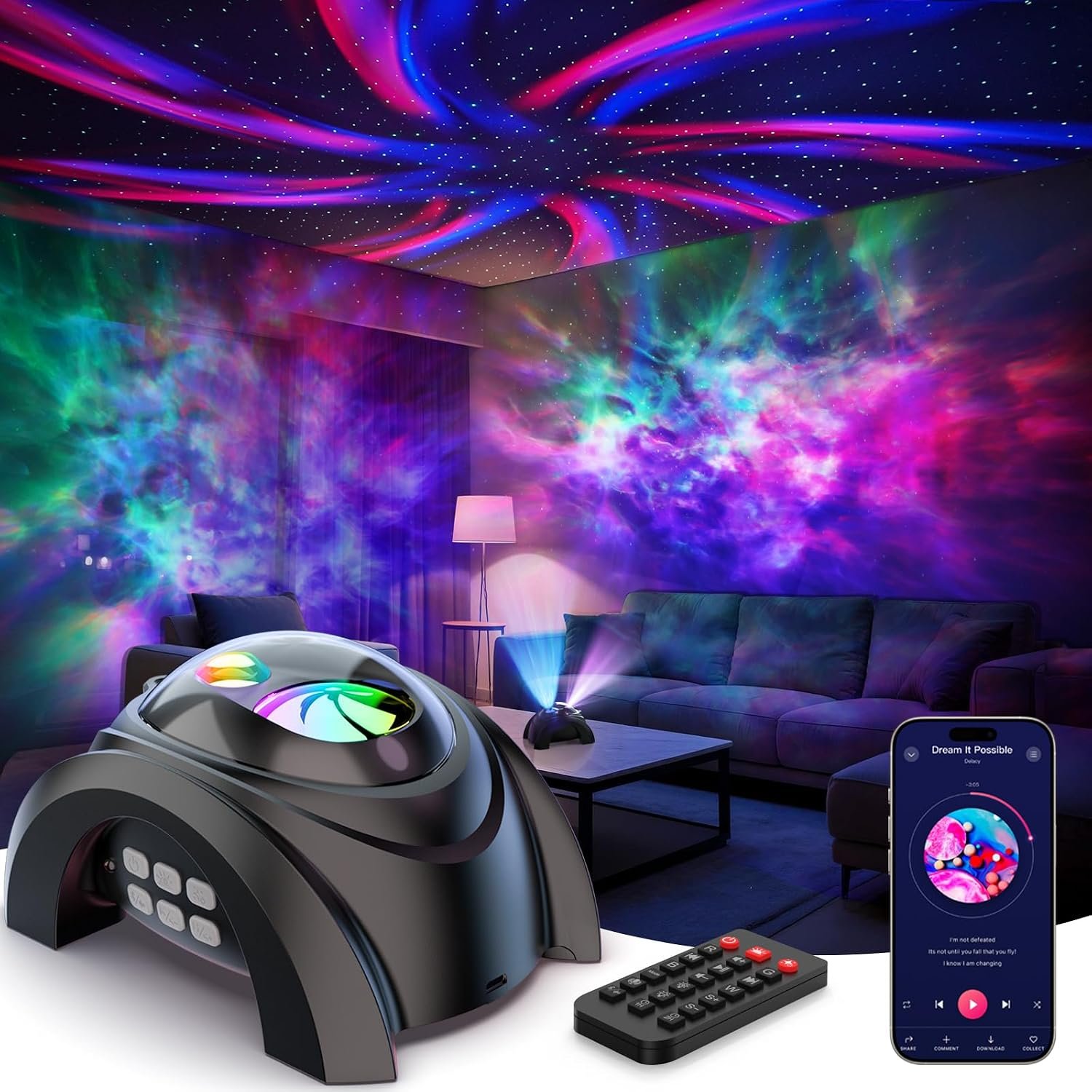Rossetta Dual Lens Galaxy Star Aurora Projector Night Light for Bedroom | 58 Light Effects, White Noise, Bluetooth Speaker, Music Sync, Remote Control, Timer, Room Decor Gift for Kids Adults Teens