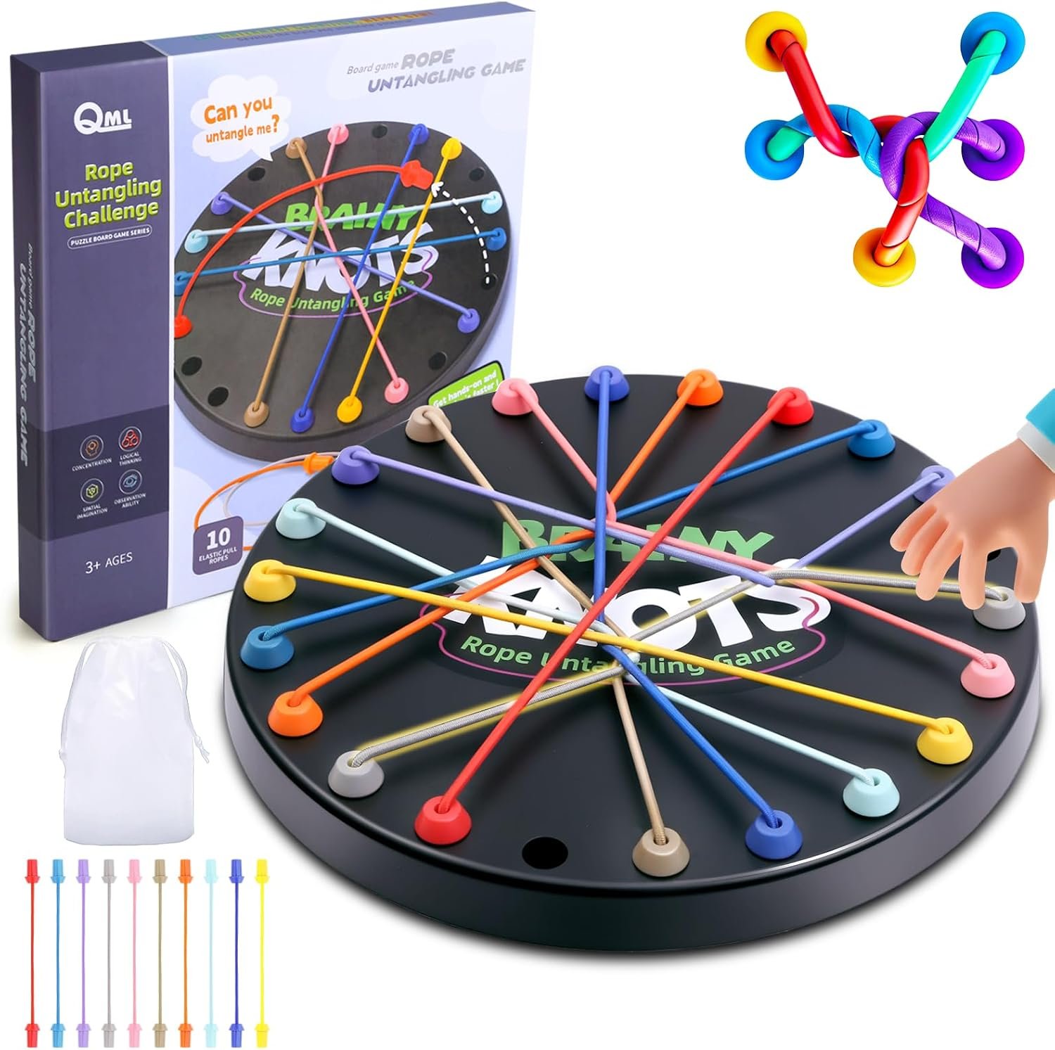 Brainy Knots Rope Untangling Game, 3 Level Logic Puzzle for Kids & Adults | 3 Level Rope Puzzle for Logic, STEM Learning, Screen Free Family Play, Travel, Classrooms & Gifts; Storage Bag Included