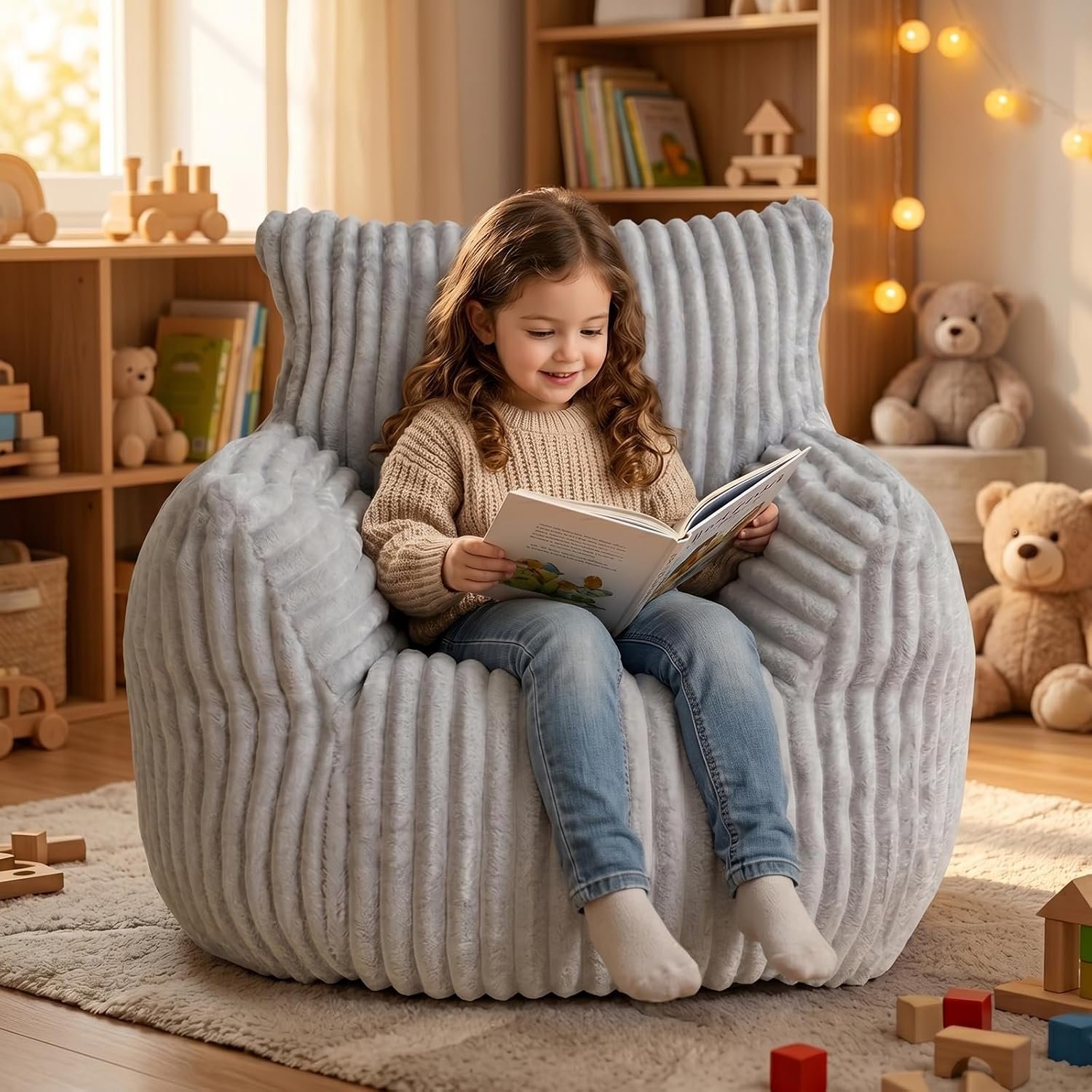 Bean Bag Chair — Plush Faux Fur Memory Foam, Ultra Soft Floor Lounger for Bedroom, Dorm, Playroom & Small Spaces (Small Stripe Grey)