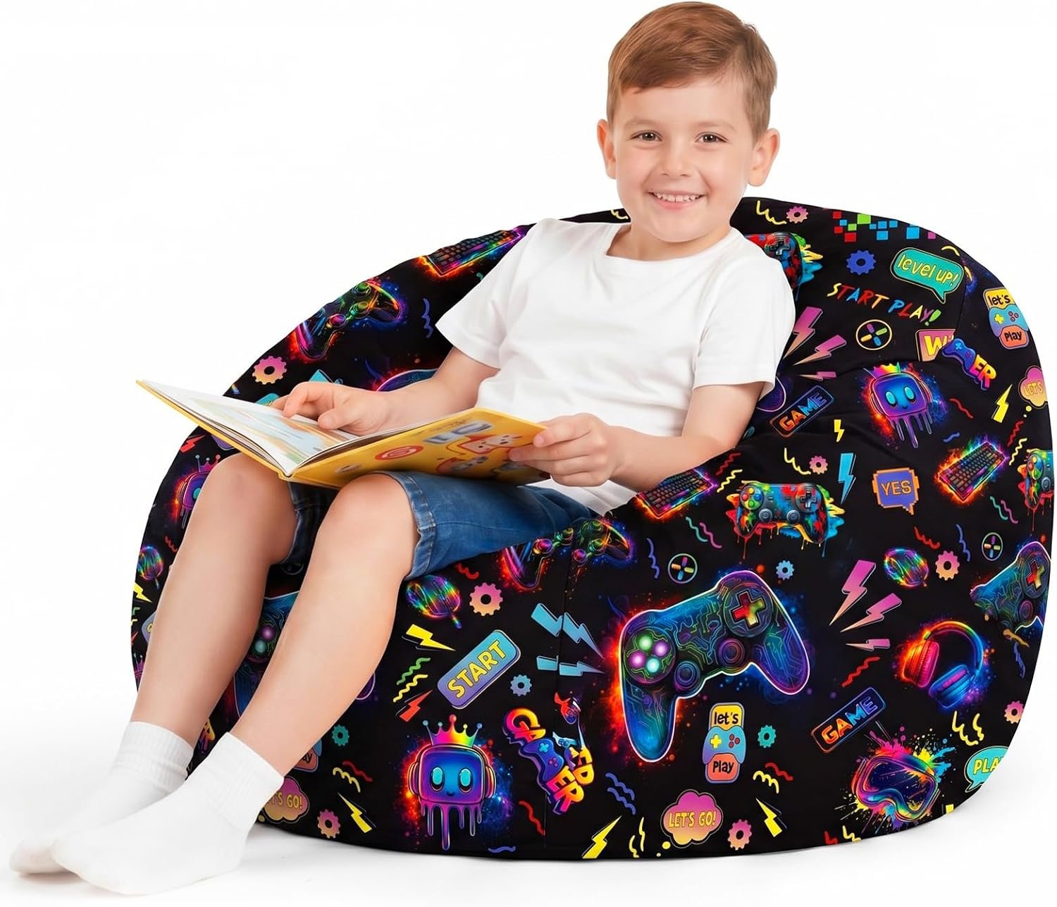 Boao 27” Large Game Player Kids Bean Bag Chairs Cover (No Filling) Washable Stuffed Animal Storage Beanbag Chair for Kids Canvas Bean Bag Cover with Zipper for Boys Organizing Plush Toys Textile Sack