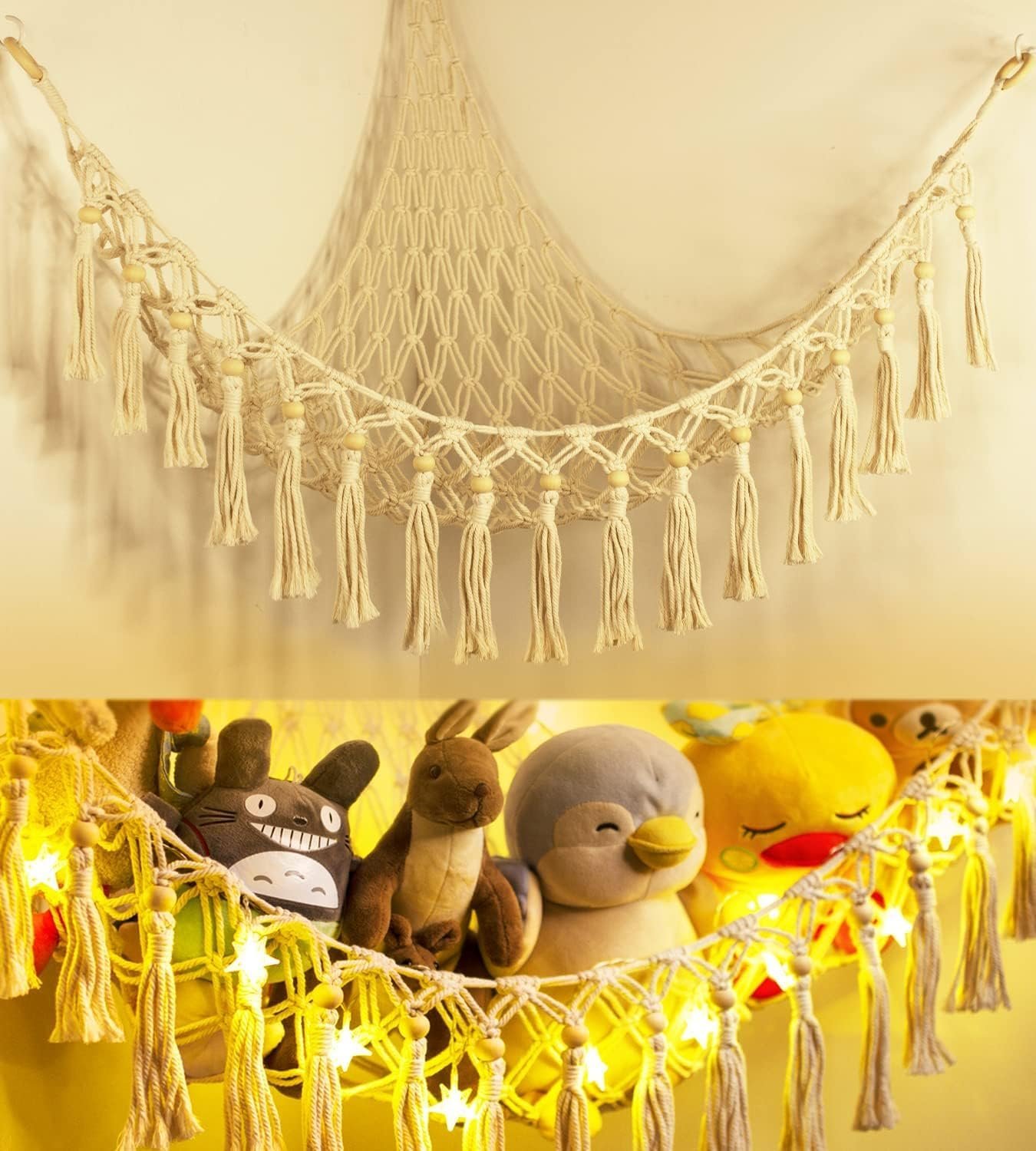 Stuffed Animal Toy Storage Hammock with LED Light – Macrame Jumbo Doll Corner Stuff Animals Organizer Decorations – Cute Hanging Plushie Net Kids Baby Nursery Bedroom Room Decor
