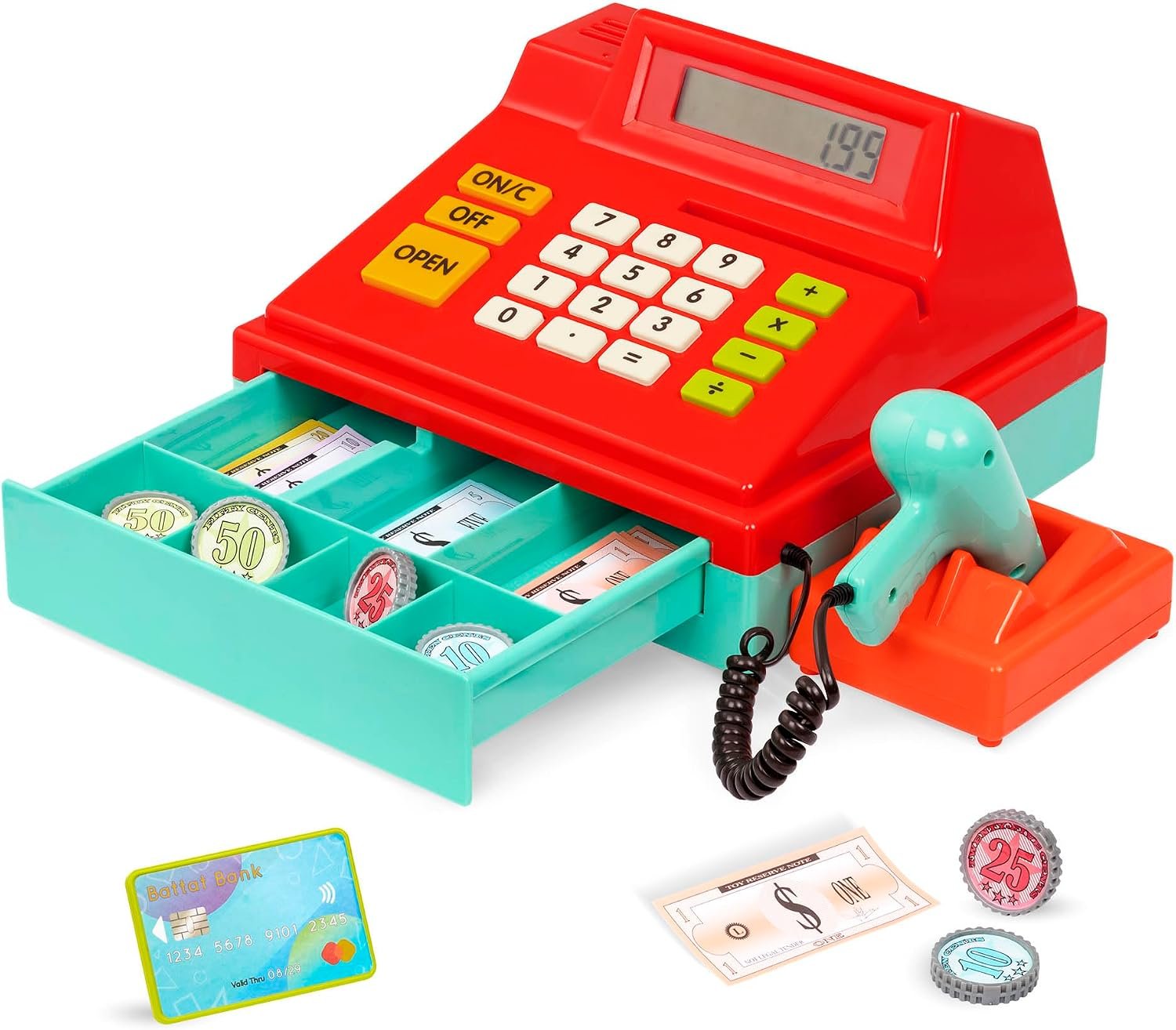 Cash Register with Scanner | Calculating cash register with 1 scanner, 6 coins, 40 paper bills, 1 credit card, and a functional calculator, 3+ Years