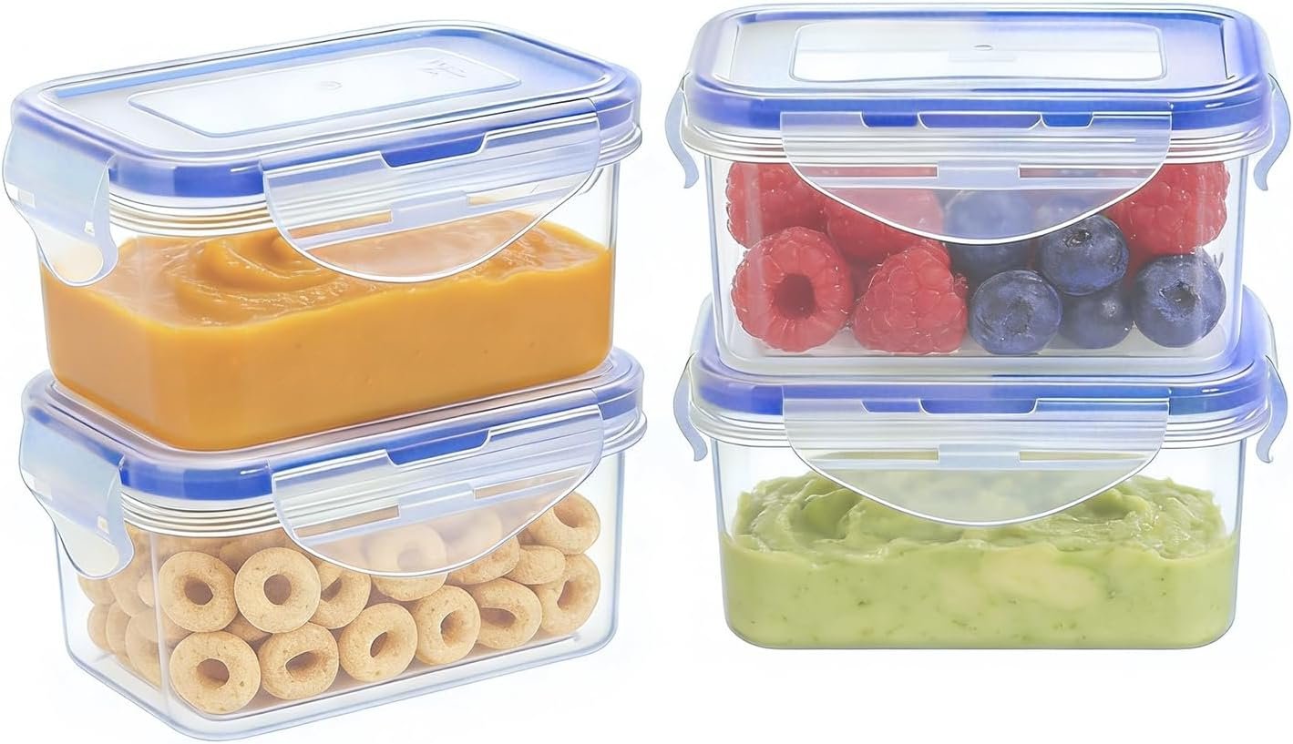 KIGI Small Food Storage Containers, BPA-Free Plastic, 4 Pack (0.75 Cup) | 4-Sided Airtight Locking Lids, Reusable, Leakproof for Snack, Lunch, Meal Prep, Portion Control & Purees, 6 oz