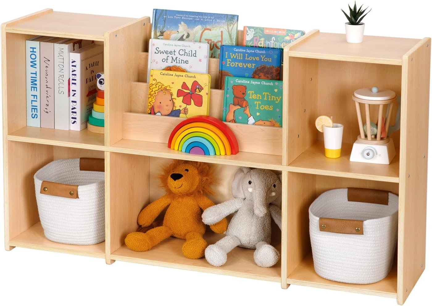 OOOK Montessori Bookshelf and Toy Storage Organizer with Book Rack | FSC Safety, 5-Compartment Toy Storage Cabinet for Kids Classroom Organizer, Playroom, Daycare, Nursery, 45.6″W×11.8″D×27.5″H