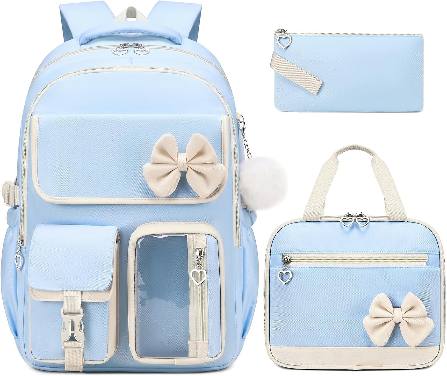 GeeWin Girls Backpack for School Cute Bow with Lunch Box & Pencil Case Set | 17 Inch Waterproof Girls Bookbag for Kids, Teens, Elementary Middle High College School Student