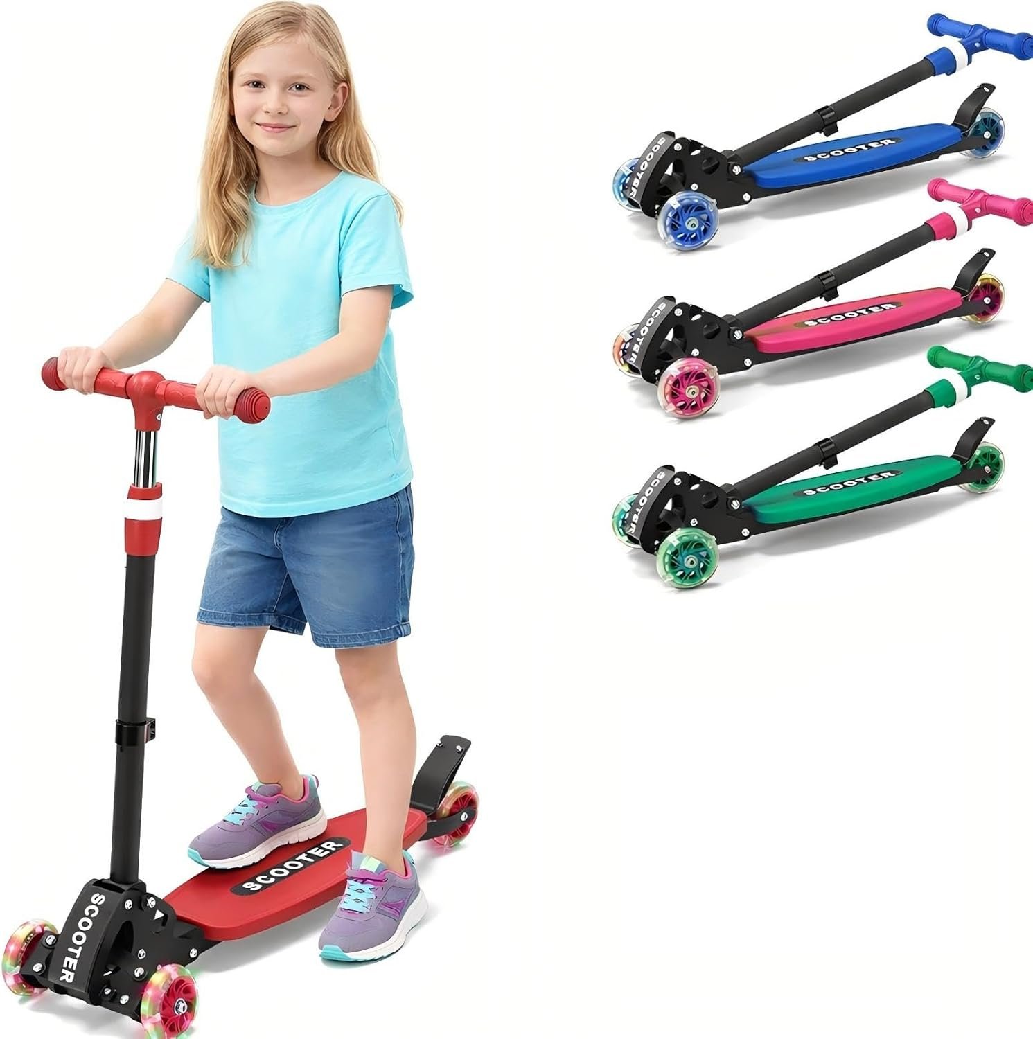 3 Wheel Kids Kick Scooter for Ages 3-12, Lean-to-Steer, Light-Up Wheels, 3-Level Adjustable Handlebar 27.5”-33”, Wide Non-Slip Deck, Dual Rear Brake,Travel Foldable, for Boys & Girls Toy Gifts