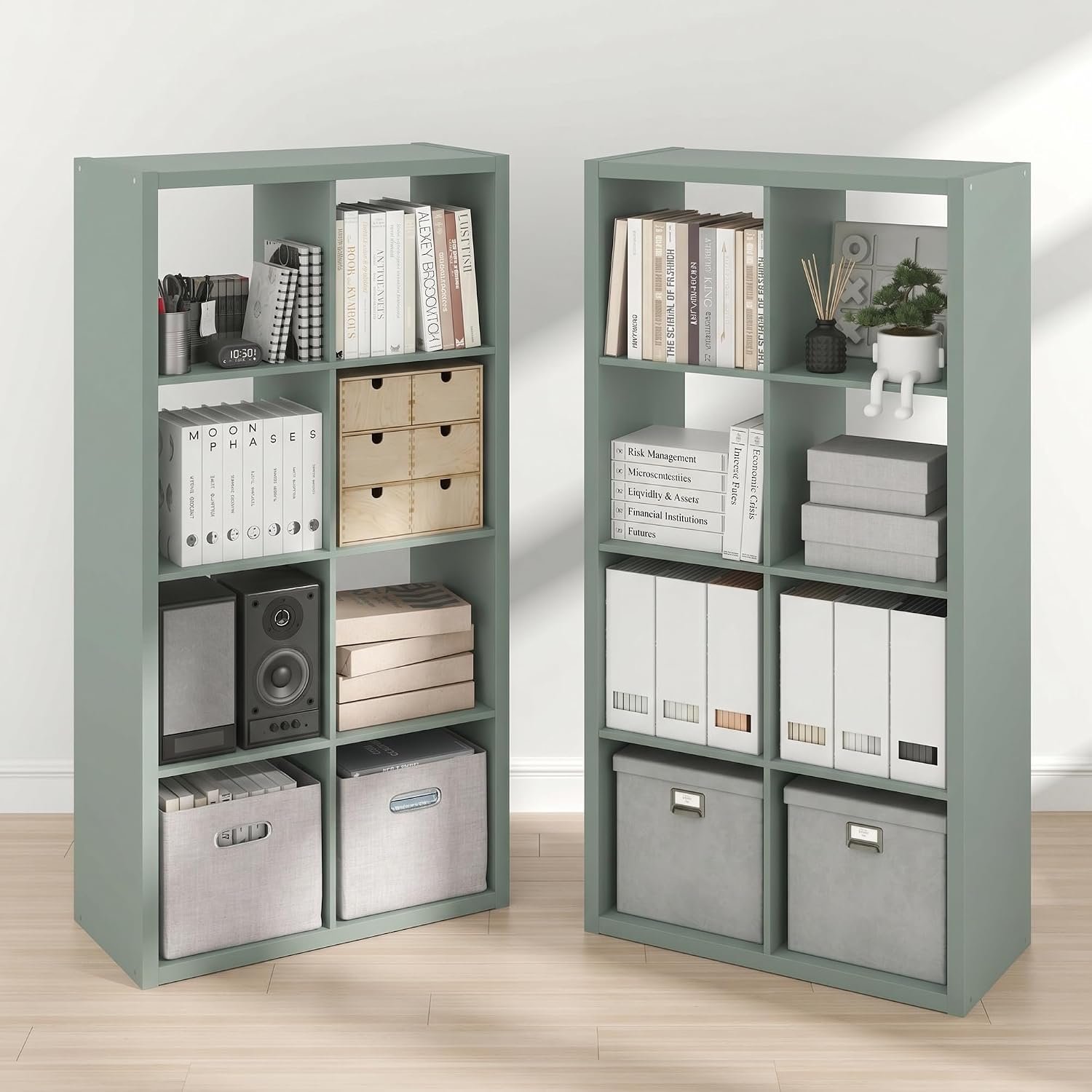 Furinno Cubicle Book Shelf Set of 2, 8-Cube Bookshelf, Sage Green | 14.6 x 30 x 57.9, Thick Frame, Horizontal & Vertical Reversible Bookcase, Open Back, for Living Room, Bedroom, Home Office