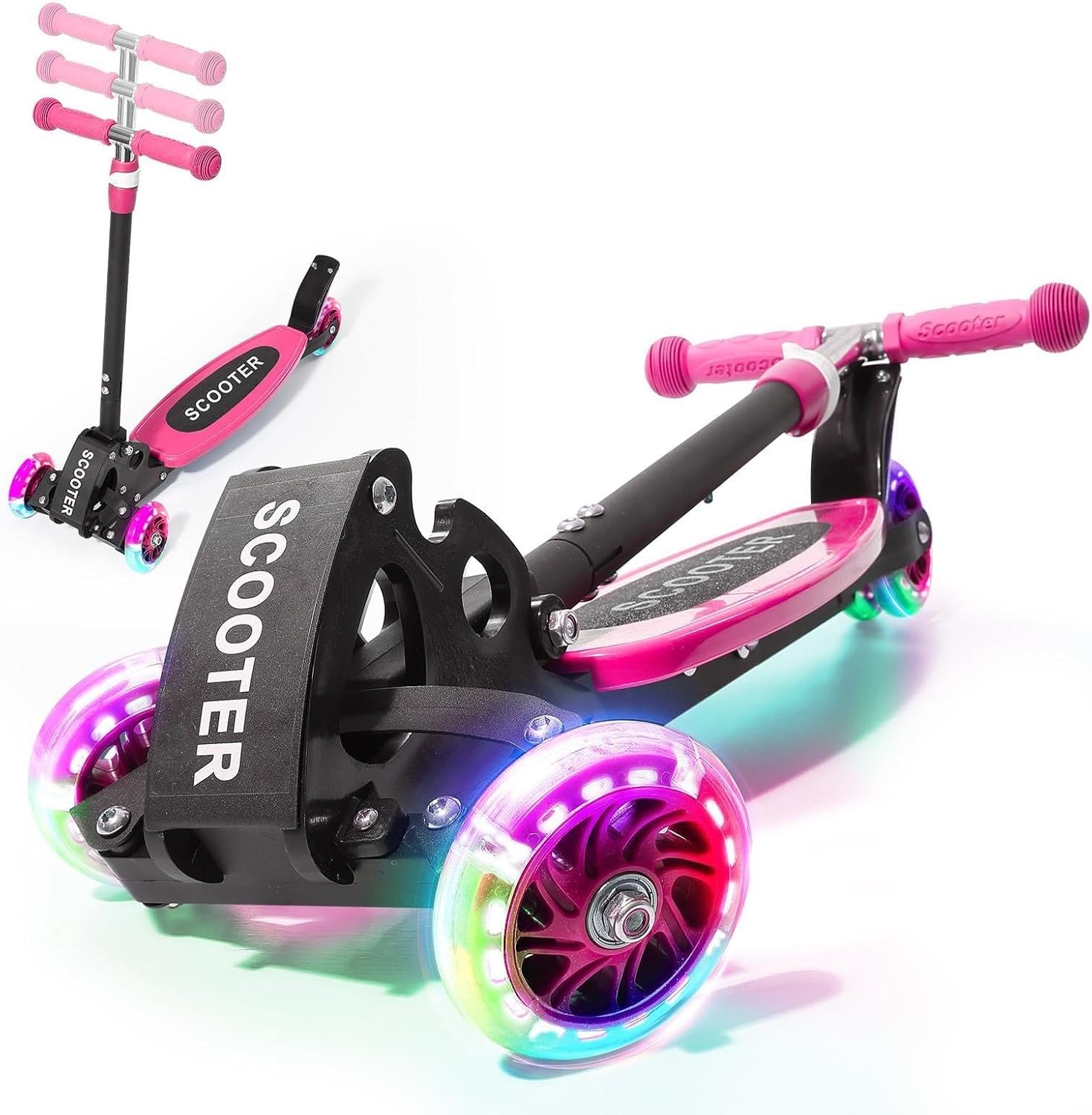3 Wheel Scooter for Kids Ages 3-12, LED Light-Up Kids Kick Scooter–Portable Foldable, Adjustable Height, Durable Metal Construction, 6″ Extra Wide Deck for Outdoor Activities,Child Safety Certified