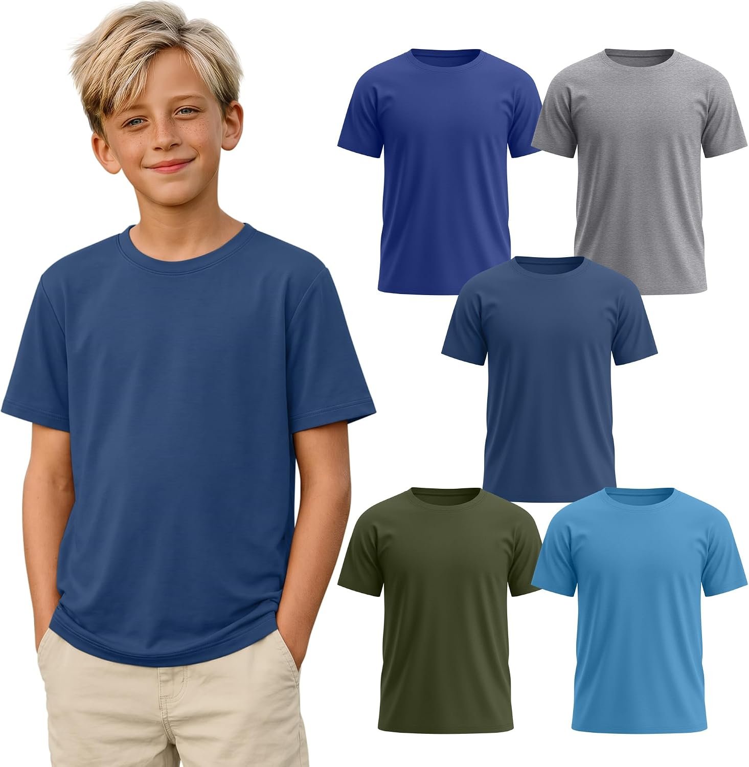 5 Pcs Boys Shirts Short Drop Sleeve Crew Neck Loose T Shirts Basic Lightweight Casual Pull Over Athletic Tees