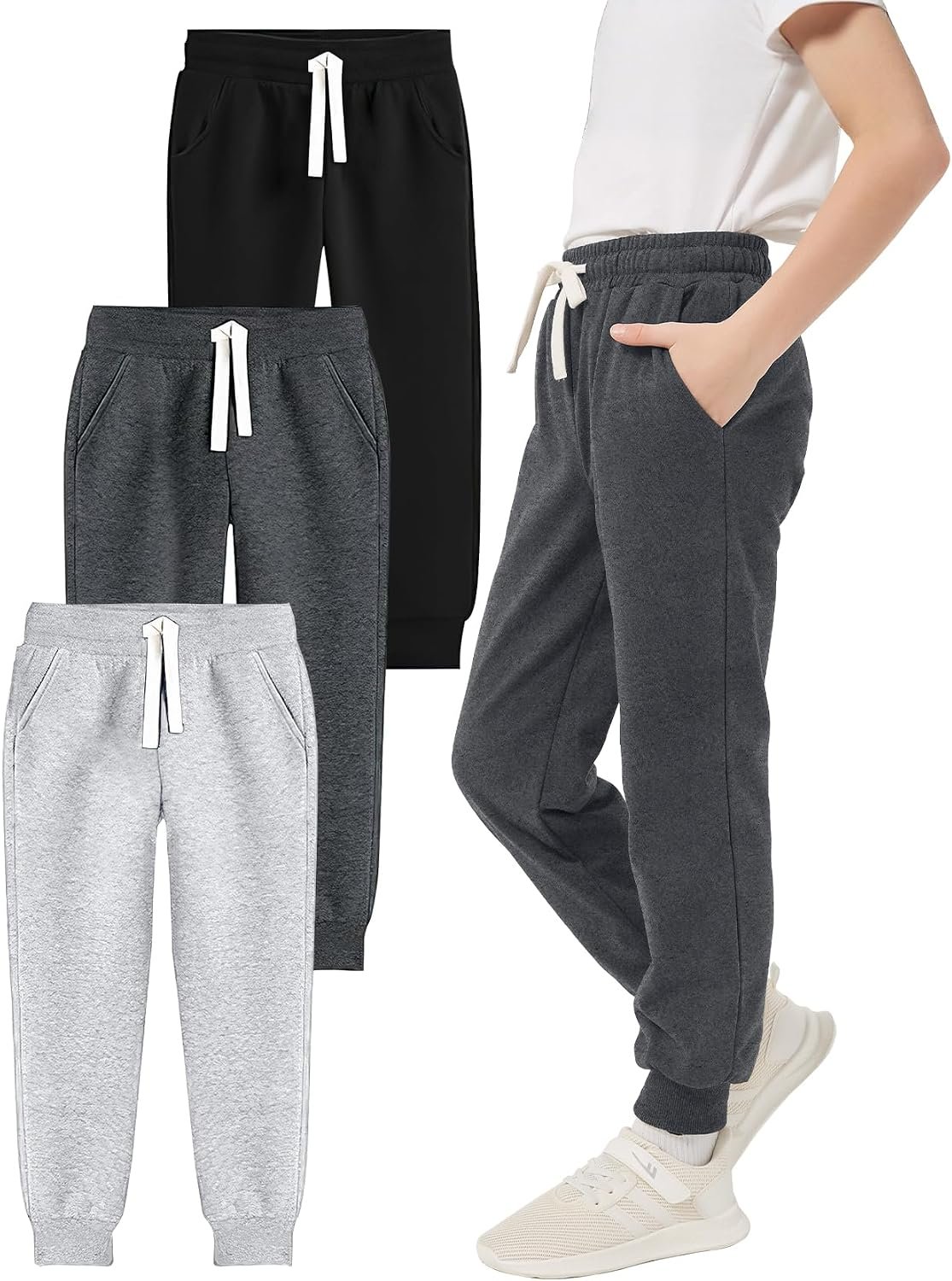 PEHMEA 3 Pack Kids Cotton Sweatpants Active Jogger Athletic Sport Pants