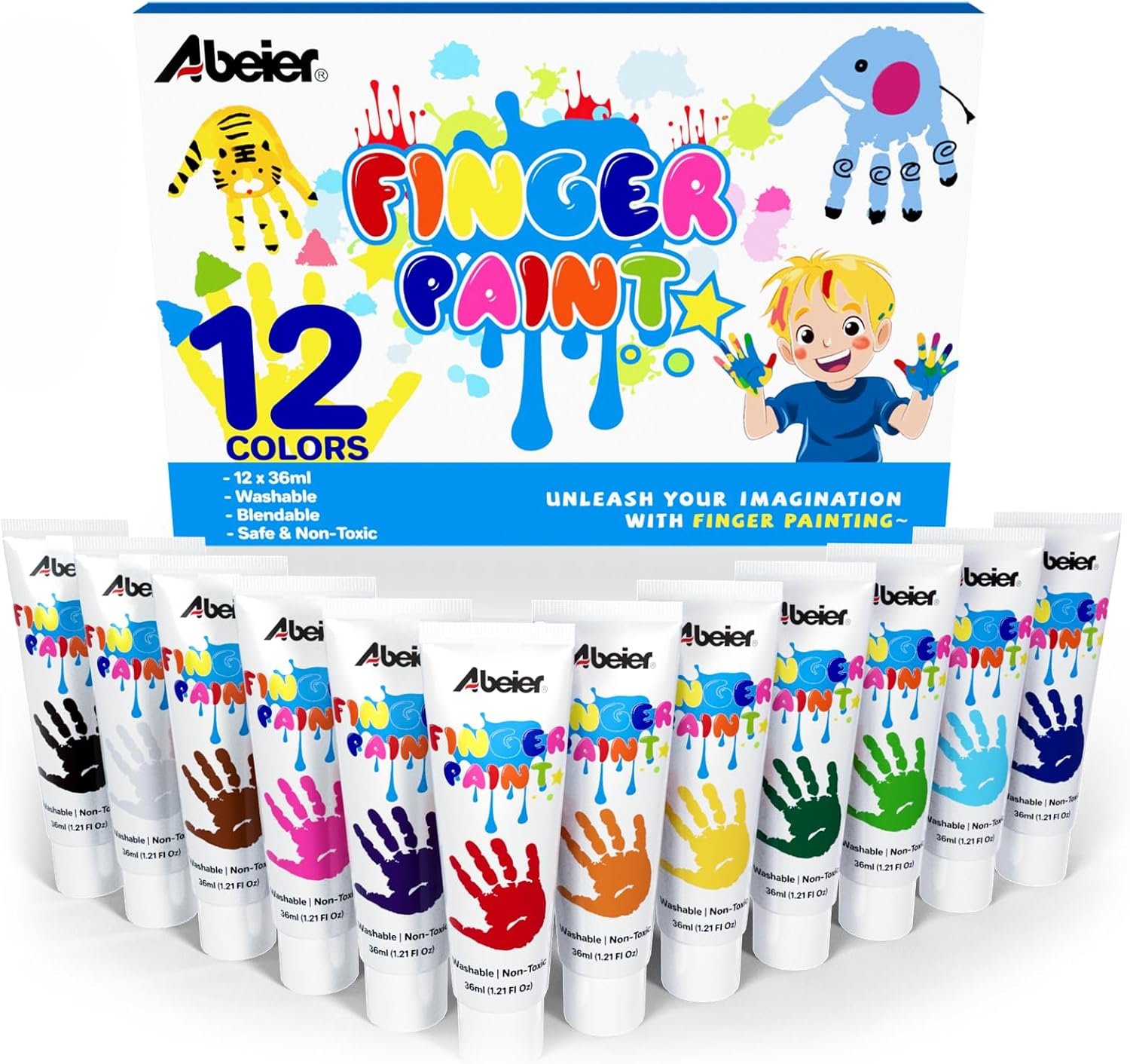 ABEIER Washable Finger Paint for Toddlers 1-3, 12 Non-Toxic Colors | Ages 1-3 4 5 6+, Baby Safe, easy cleanup, creamy texture, color mixing, hand and foot prints, sensory play, preschool crafts