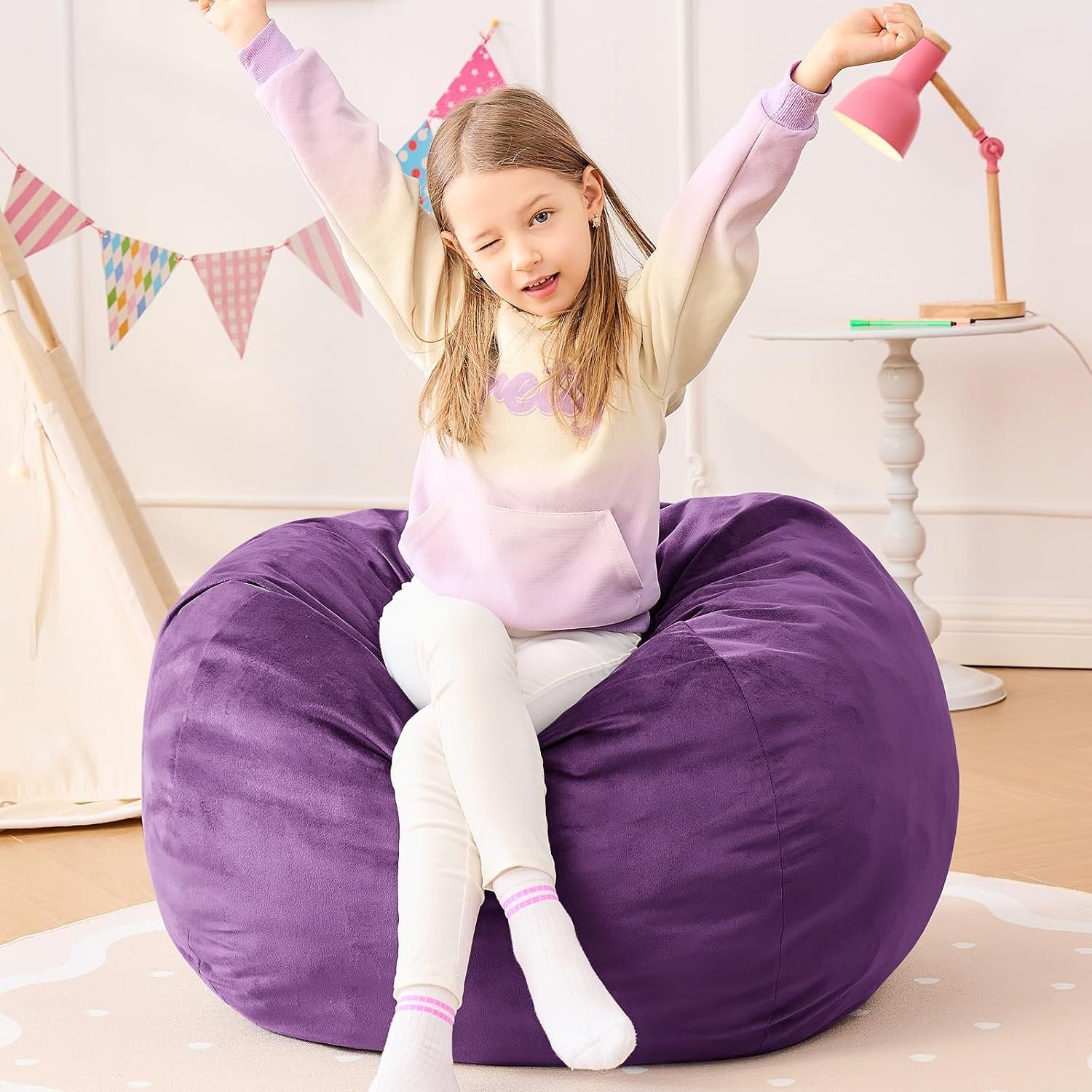 Bean Bag Chairs for Kids – 2.5FT Round Memory Foam Furniture BeanBag Chair – Kids/Teens Bean Bag Sofa with Soft Micro Fiber Cover – Fluffy Couch for Playroom Living Room Bedroom, Purple