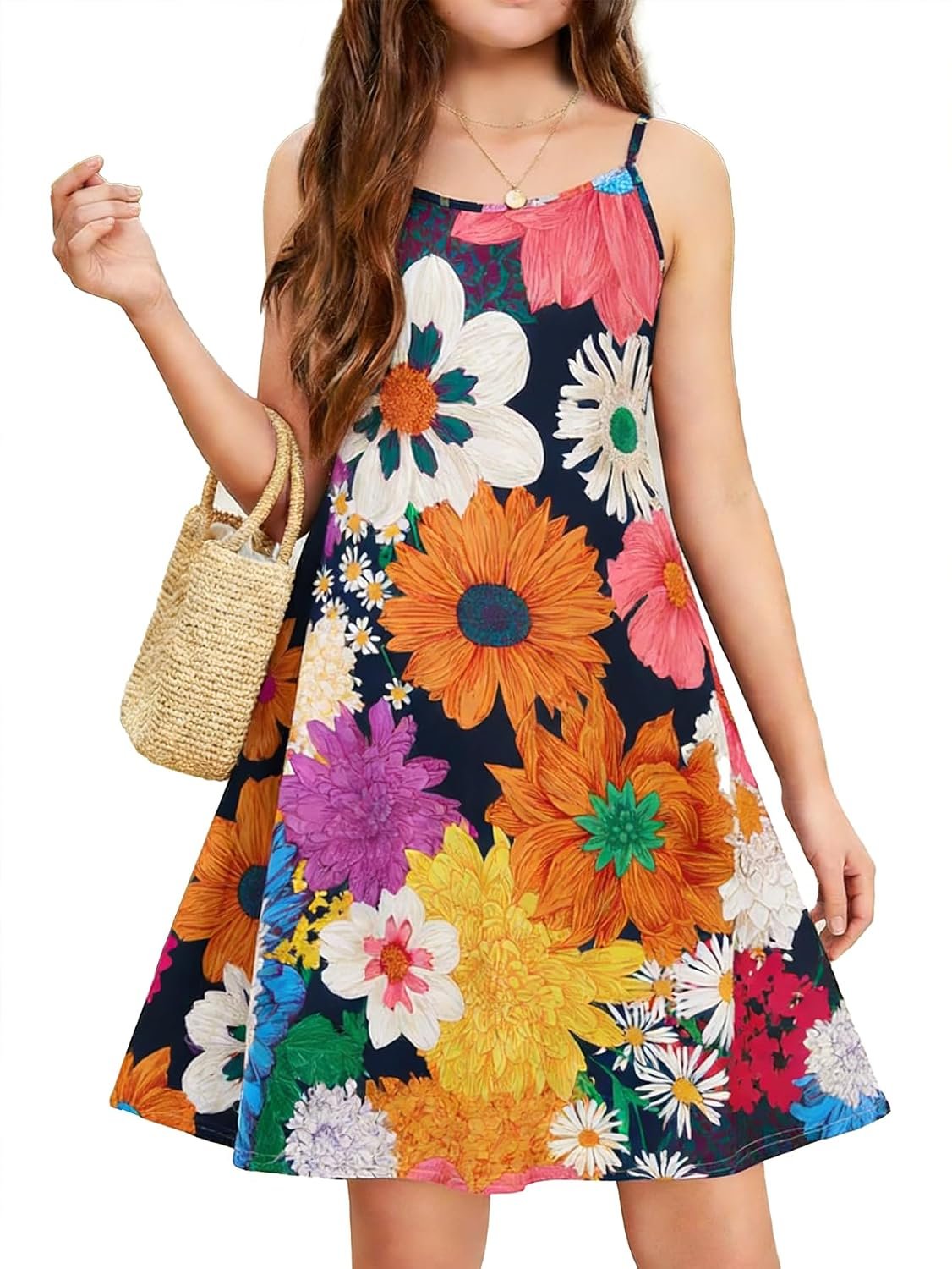 New 6-14 Years Girls Summer Dress Casual Spaghetti Strap A-Line Sundress with Adjustable Straps