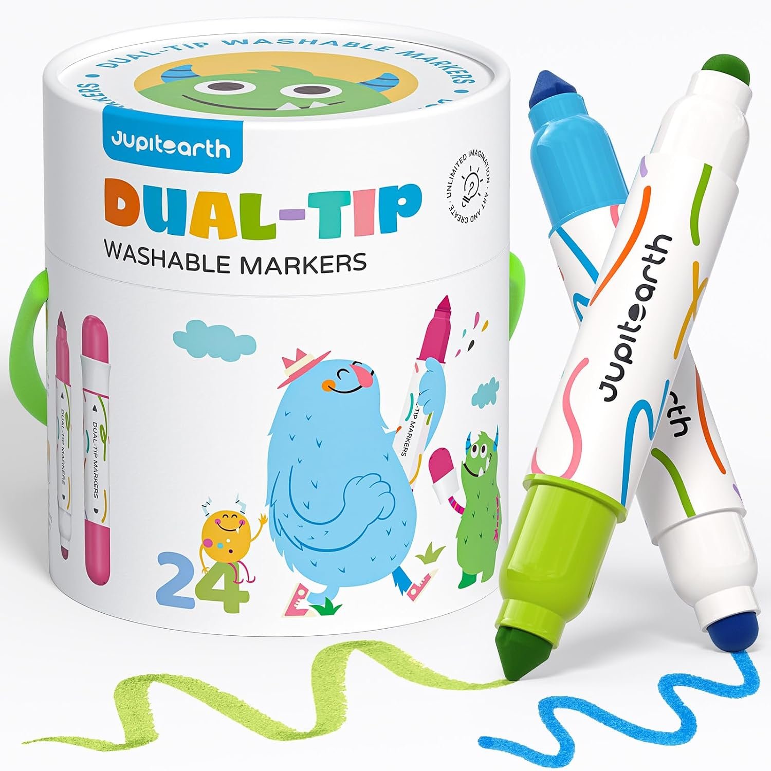 JUPITEARTH Washable Dual Tip Markers for Toddlers 1-3, 24 Colors | Broad & Round Tips, Easy Grip for Little Hands, Organized Storage Case, Drawing & Coloring, Kids Art Supplies
