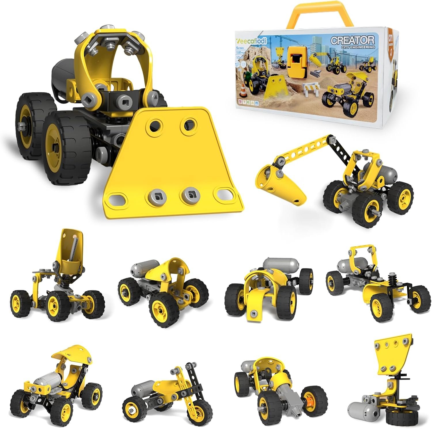Veecafiodi 10 in 1 STEM Building Toys for Kids Ages 4-8, Educational Construction Engineering Building Kit for Boys Girls, Motorized Bulldozer Excavator Toy Set