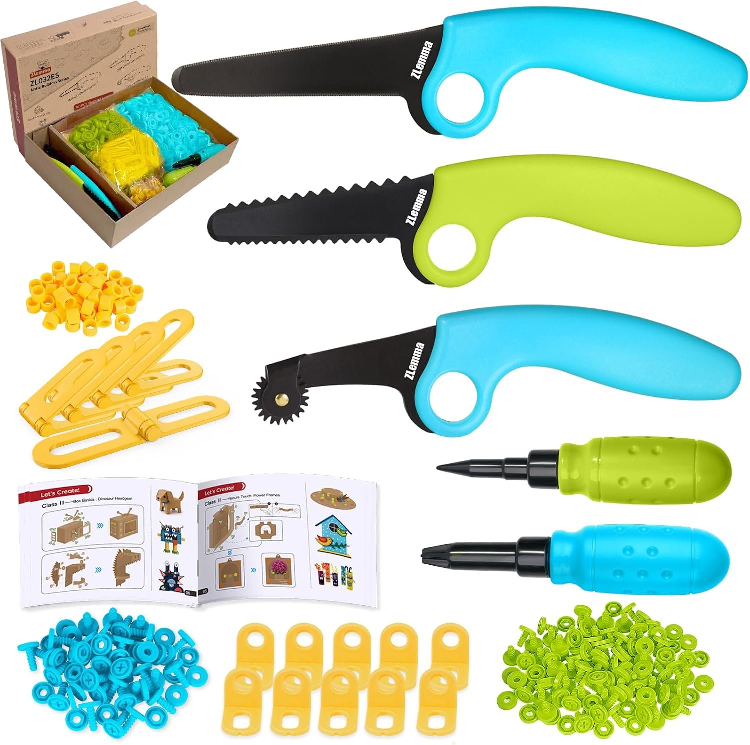 Cardboard Construction Kit – 401 PCS Kids Building Set with Safe Serrated Cutter, Crease Roller, Screws & Nuts, STEM Upcycled Tool for DIY Cardboard Projects, Engineering & Creativity