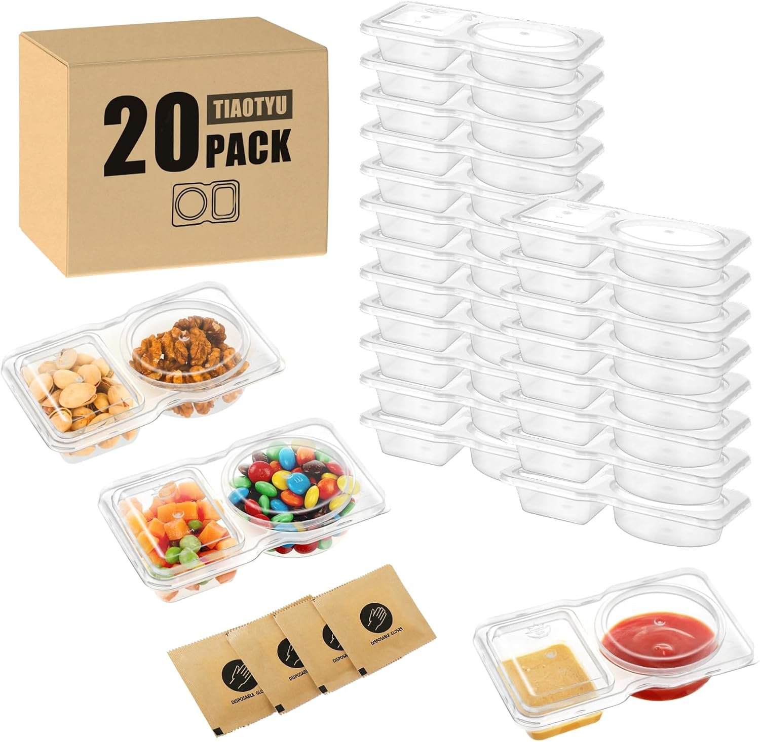 20 Pack 2 Compartment Snack Containers with Lids – Leak-Proof, Reusable Plastic Snack Packs for Adults, Divided Small Snack Containers for Lunch, Meal Prep, Dips, Salads