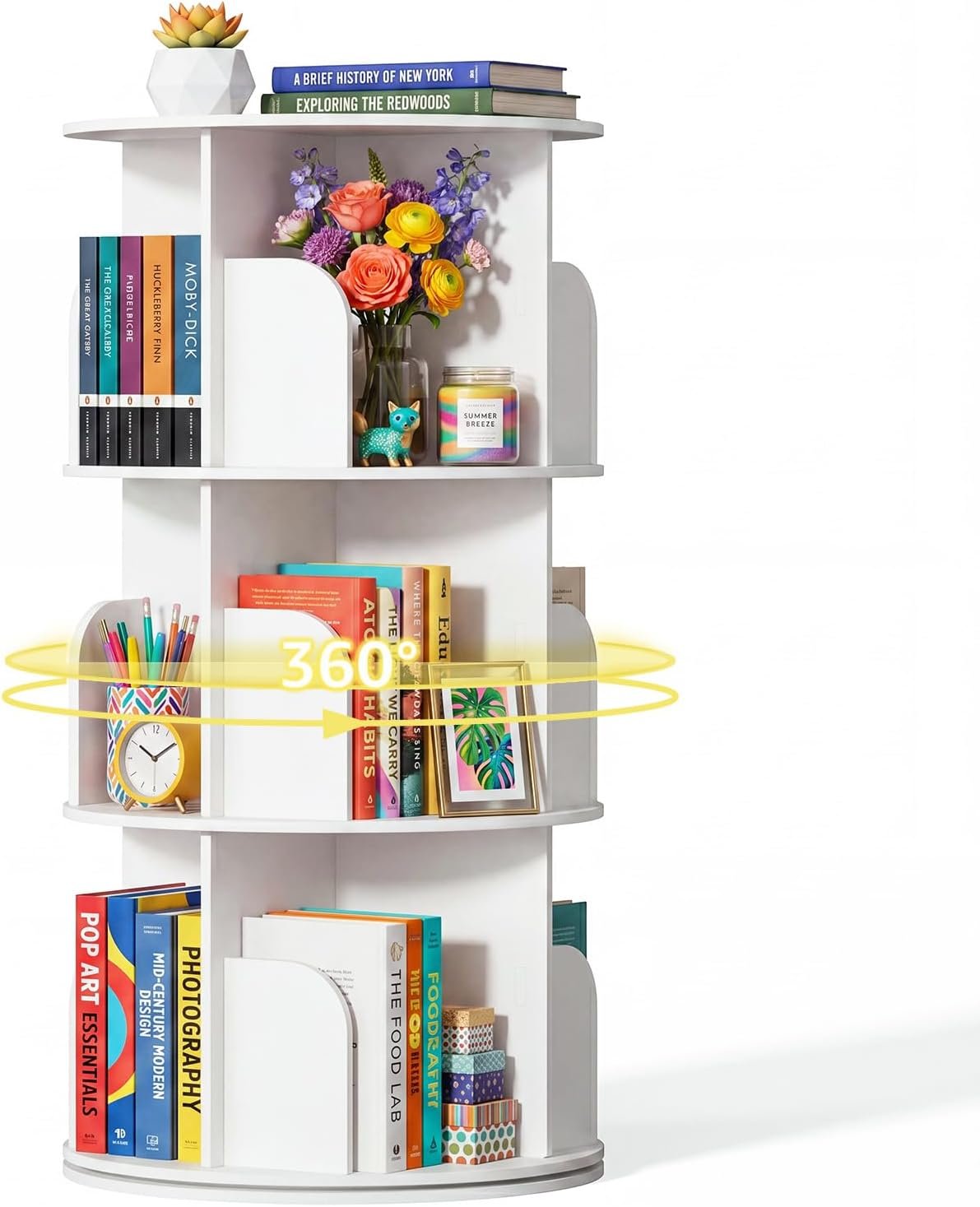 DUMOS 3 Tier Rotating Bookshelf Tower, Spinning Bookshelf for Small Space | 360° Display Revolving Bookcase Lazy Susan, Freestanding Vertical Corner Book shelf for Bedroom, Living Room, Entryway, White