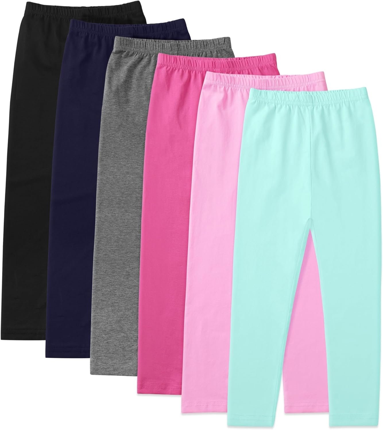 6 Pack Girls Leggings Soft Cotton Stretchy Pull-On Pants, 4-14Y | Soft Cotton with Stretch Full-length with Elastic Waistband for School, Dance, Park, Sports,Layering & Easy Care