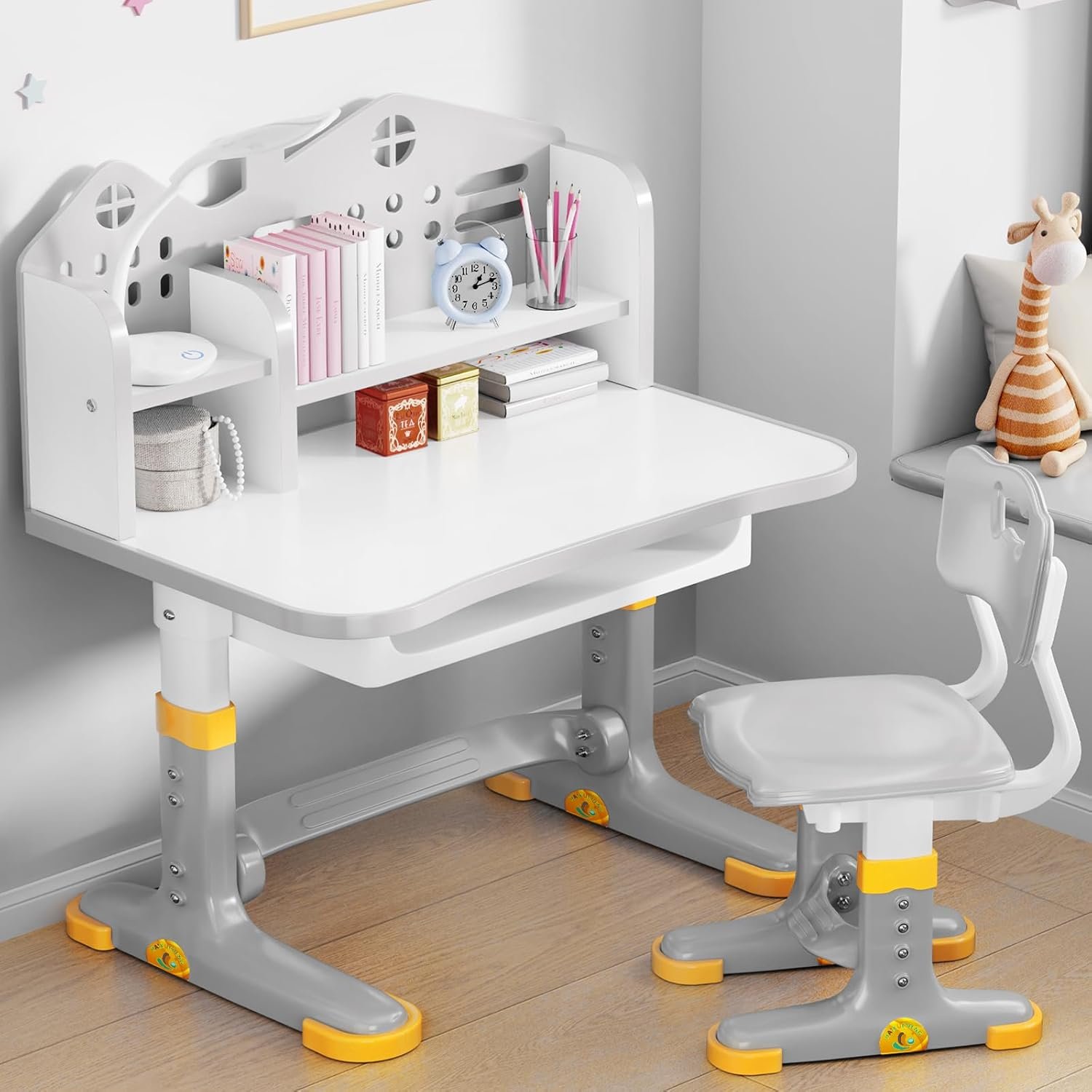 Kids Desk and Chair Set, Height Adjustable Kids Desk | Child’s School Study Writing Tables with Bookstand and Storage Drawer, Widened Desktop with Desktop for Boys and Girls