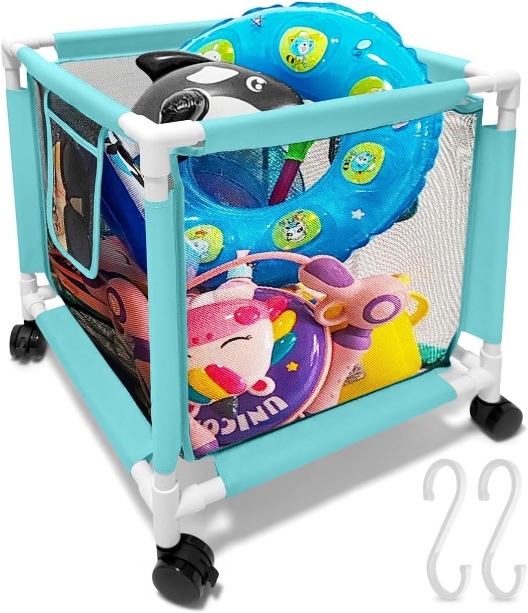25 Gallon Small Blue Pool Storage Bin Mint – Compact Waterproof Mesh Organizer for Towels, Floats – Poolside Storage with Locking Wheels and Hooks – Rolling Net Basket for Patio, Yard