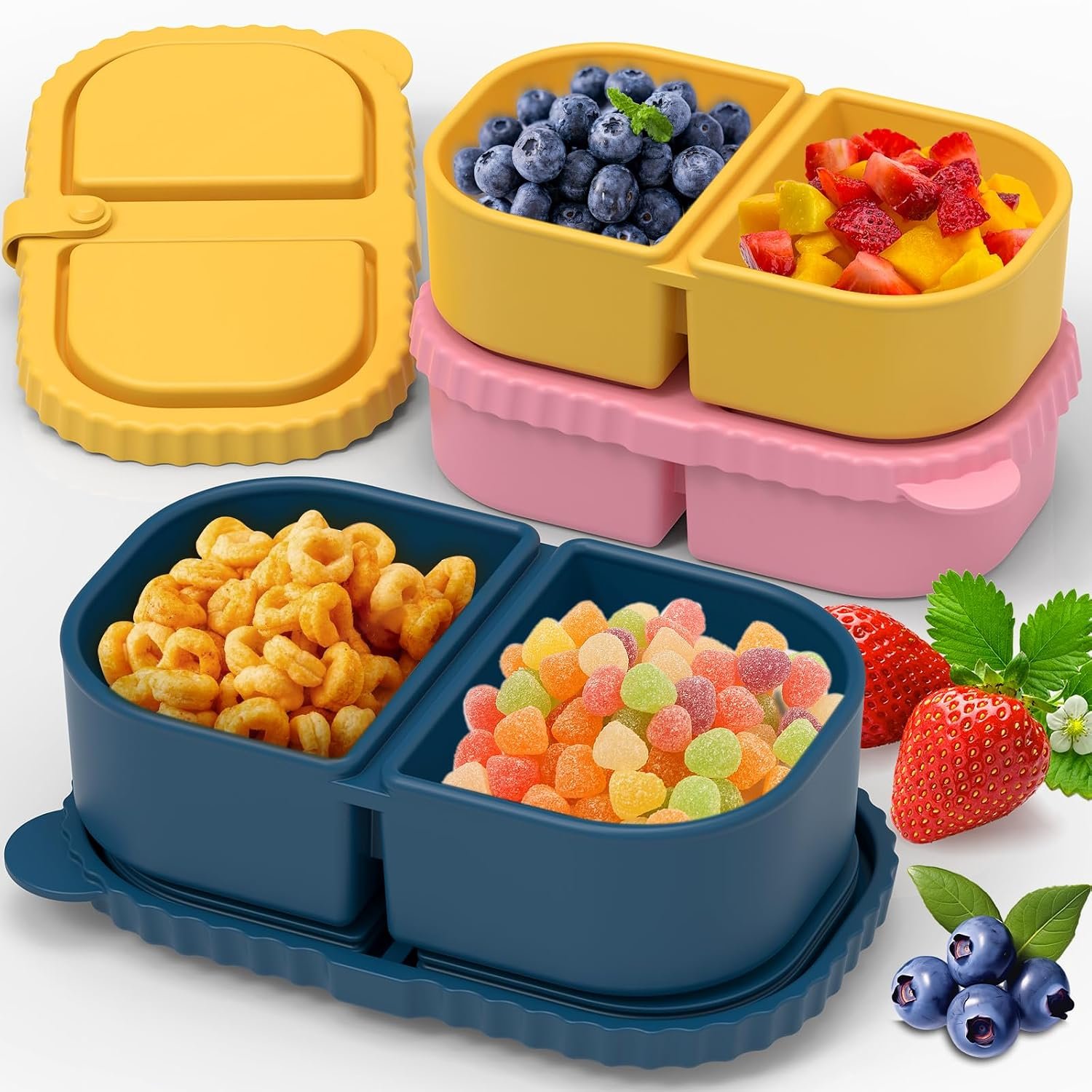 ICEROYCE 3 Pack Silicone Snack Containers for Kids, 2 Compartment Lunch Box | 8 oz Capacity, Leakproof Lid, Food Grade Silicone, Separate Compartments for School Lunch, Daycare and Travel
