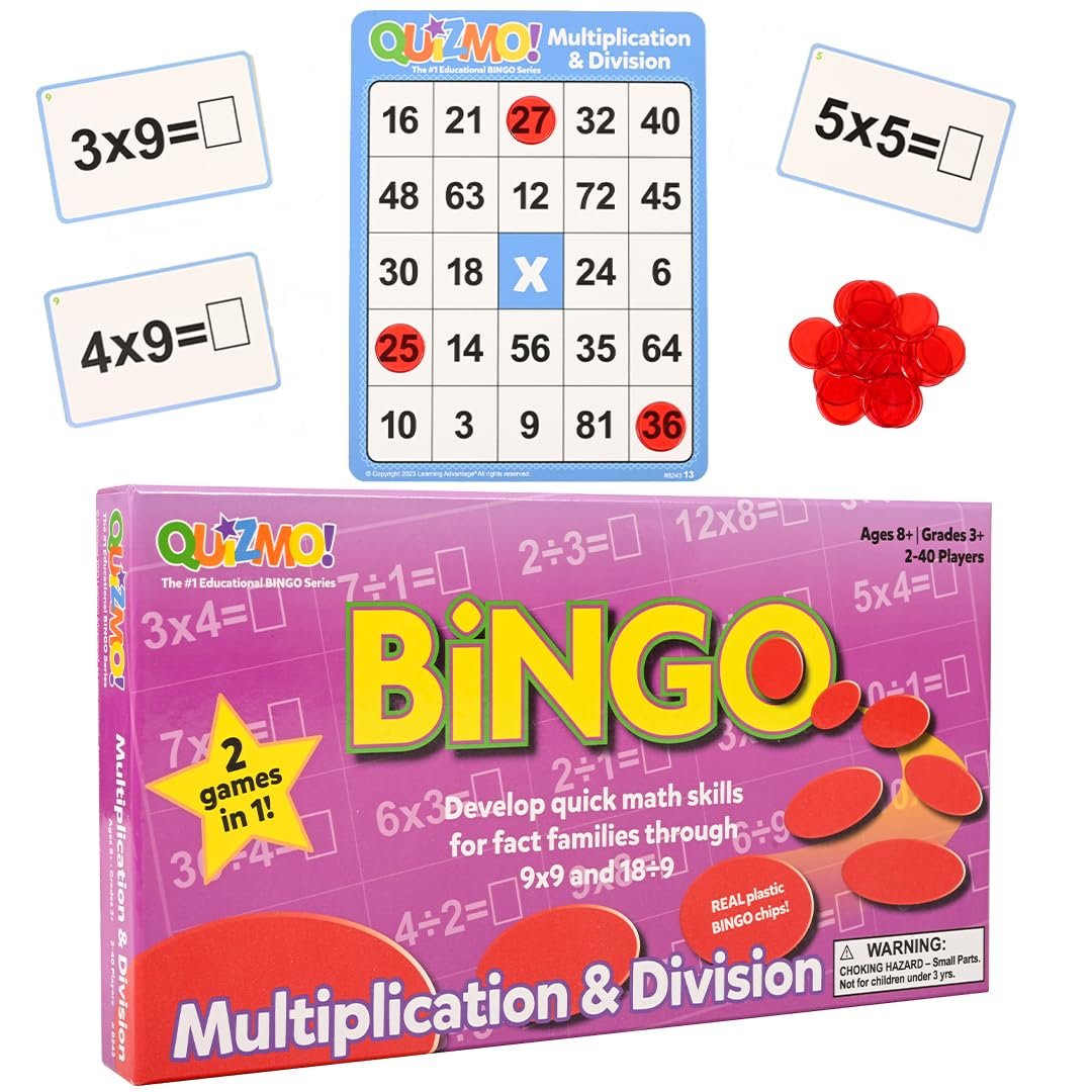 LEARNING ADVANTAGE QUIZMO Multiplication & Division, Bingo Style Math Game | 2 Game Modes for Ages 8+, Teach Basic Mathematics