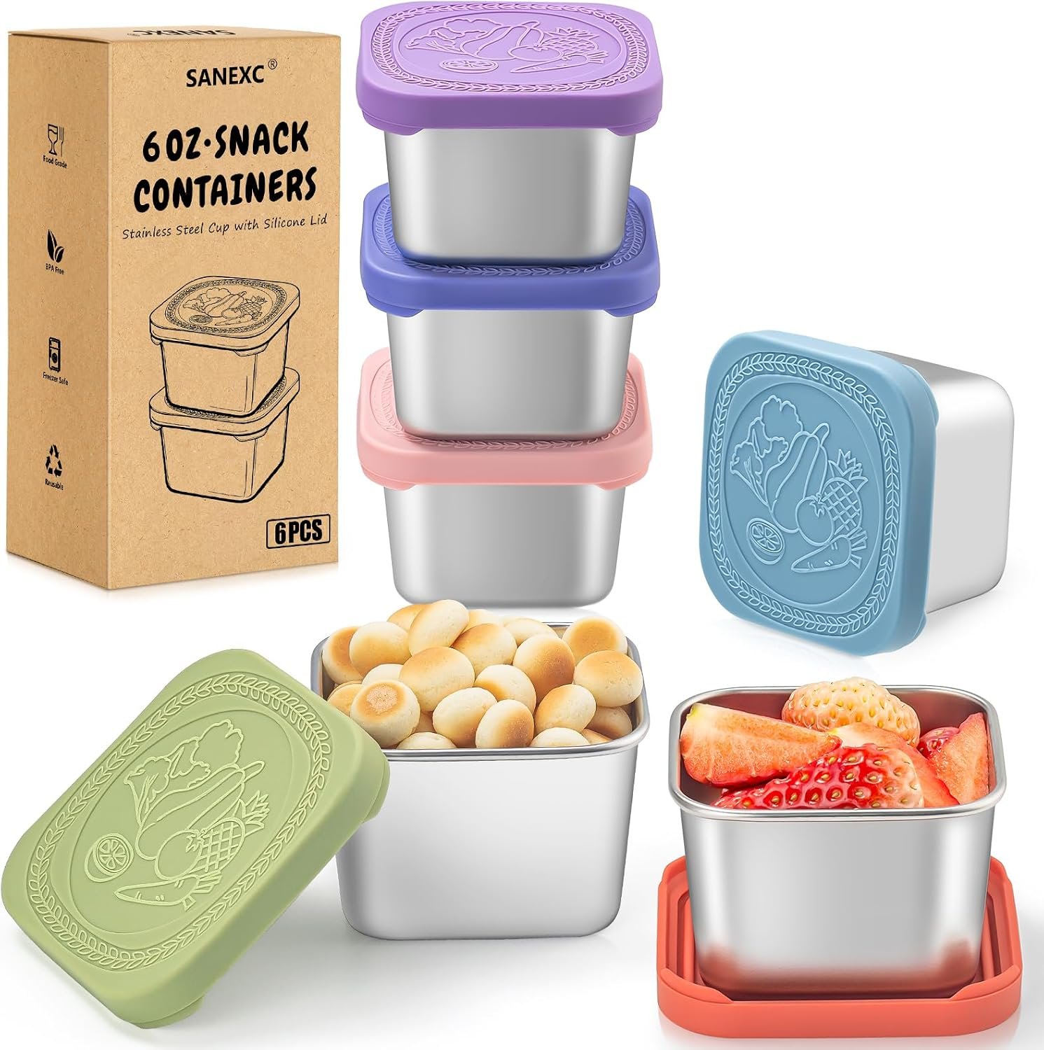 6 Oz Snack Containers with Lids for Kids – 6 Pack Lunch Box Accessories | Food-grade stainless steel, Easy-open silicone cover, BPA-free, Leak proof, Reusable, for daycare, Travel, Office, Meal prep