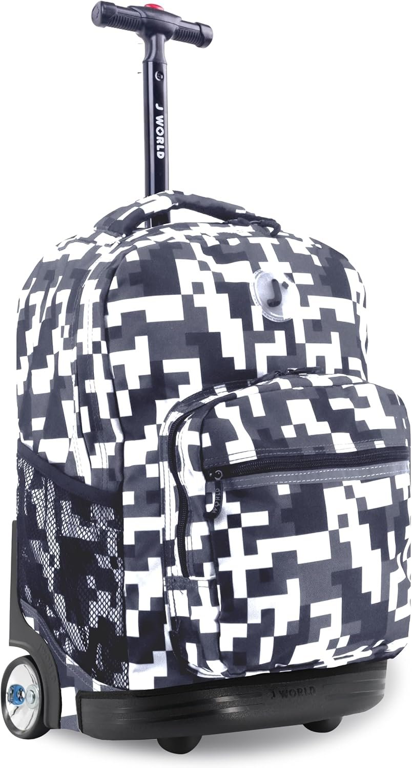 J World Sunrise Kids Rolling Backpack with Wheels for Girls Boys, Roller Bookbag for School, 18 x 13 x 9 Inches, Camo