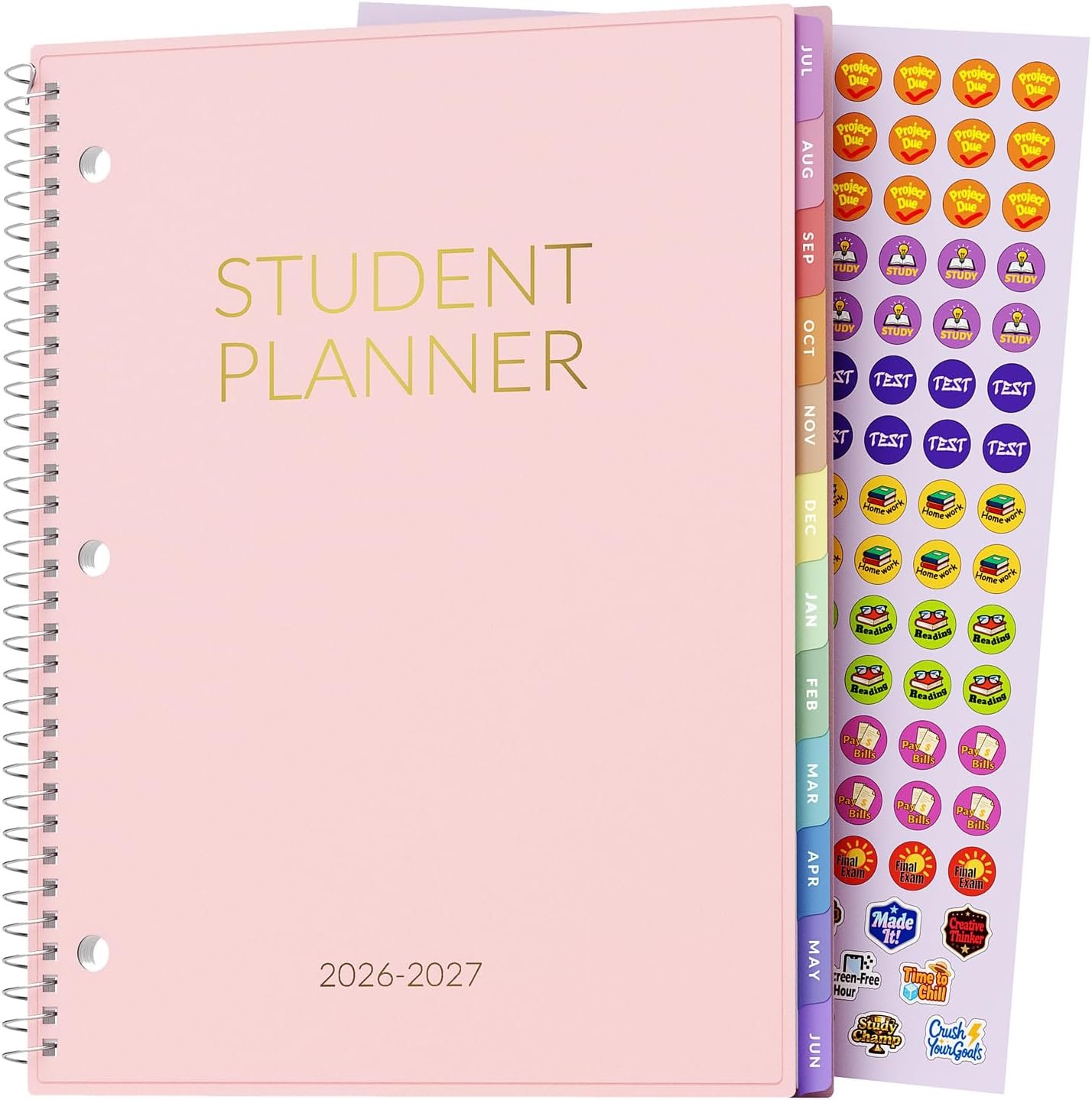 Student Planner 2026-2027, SUNEE Middle or High School Planner for Academic Jul. 2026 – Jun. 2027, 8.5″×11″ Lesson Plan Book with PVC Waterproof Cover, 3-Hole Punched, Bookmark,Planning Stickers, Pink