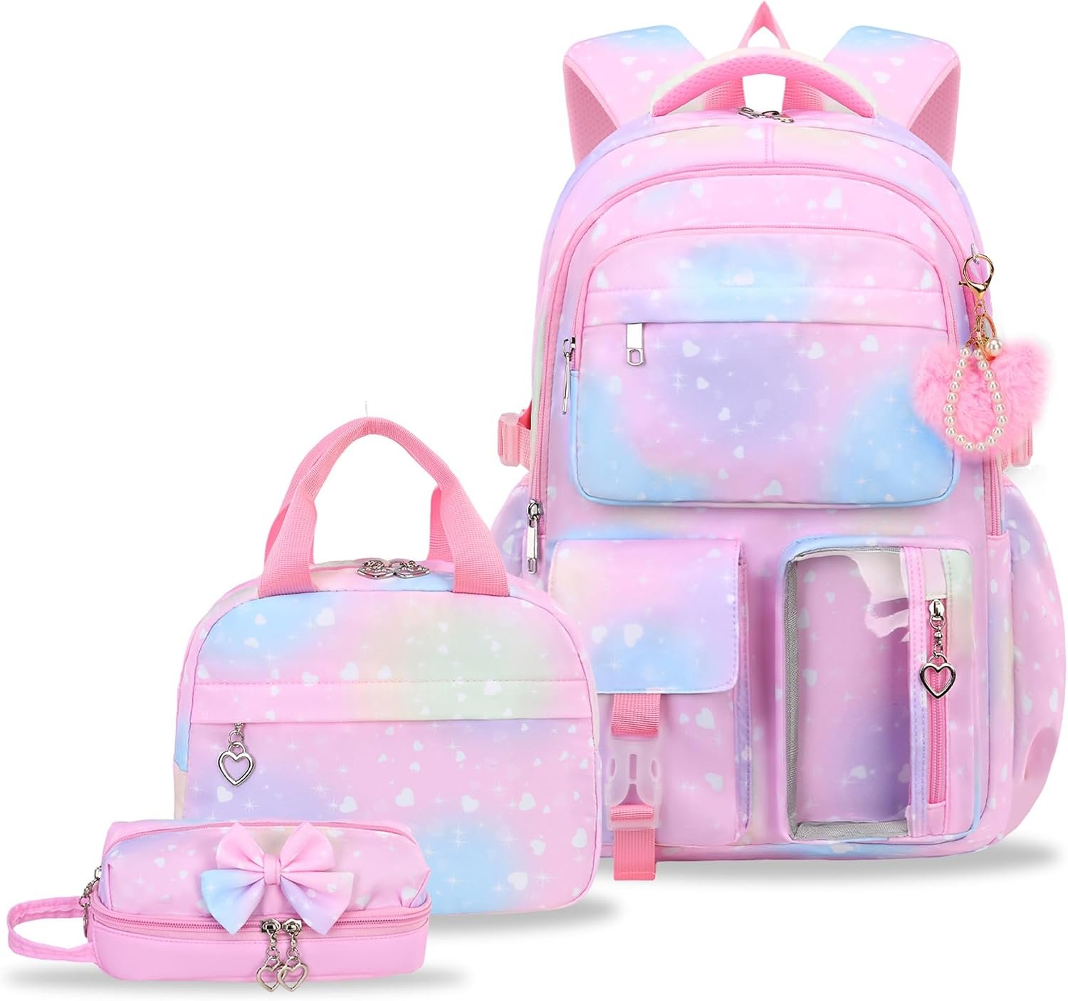 Girls Backpack Set with Lunch Box & Pencil Case, Floral Print Girls School Backpack for Elementary/Middle/High School (Rainbow)
