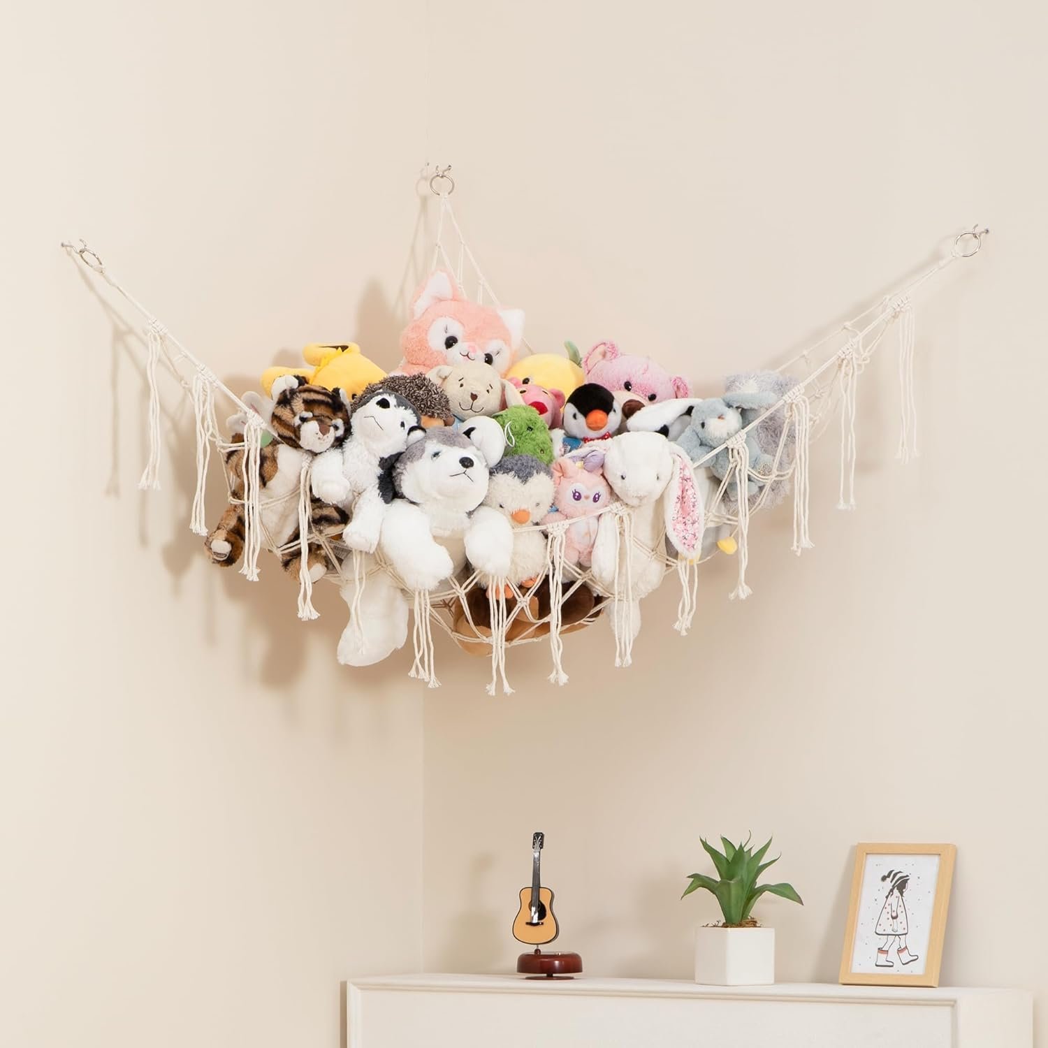 Lilly’s Love Stuffed Animal Storage Macrame Hammock, Large – Boho Room Decor Toy Storage – Corner Hanging Plushie Stuffed Animal Net Organizer (White)