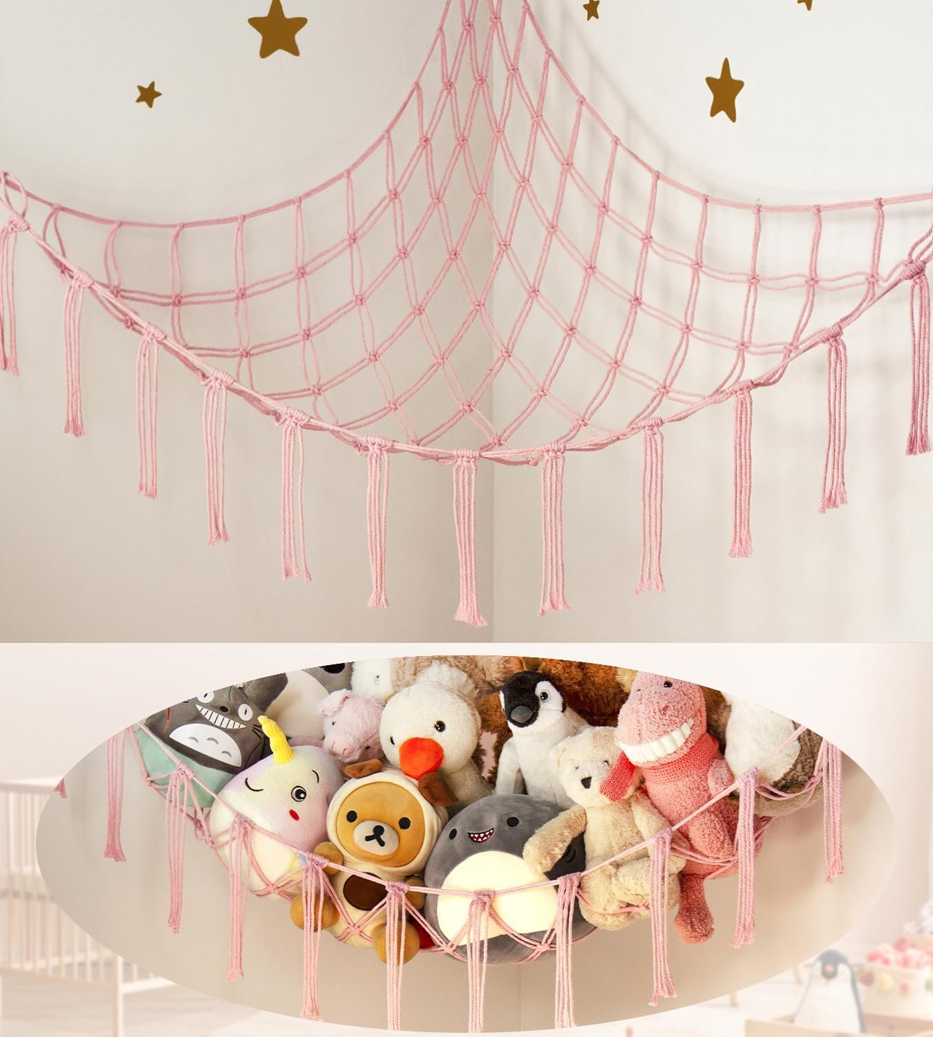 Stuffed Animal Storage Hammock Corner Net – Pink Room Christmas Decor for Teen Girls – Toys Storage Hanging Stuff Animal Organizer Holder Cute Stuff – Boho Nursery Dorm Bedoom Decor Aesthetic