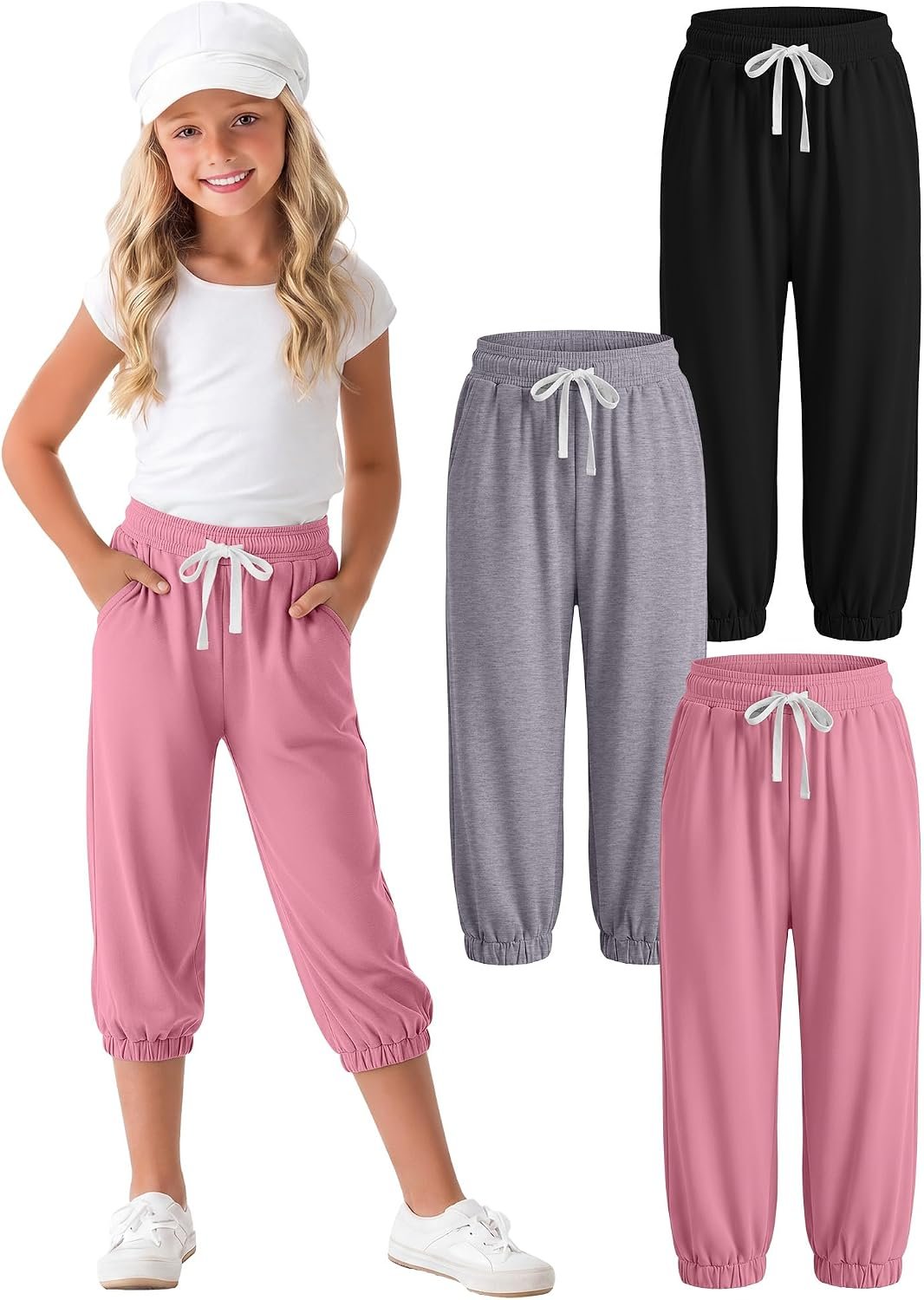 3-Pack Girls Capri Pants Casual Sweatpants Cropped Jogger with Pockets and Drawstring Elastic for 5-14 Years