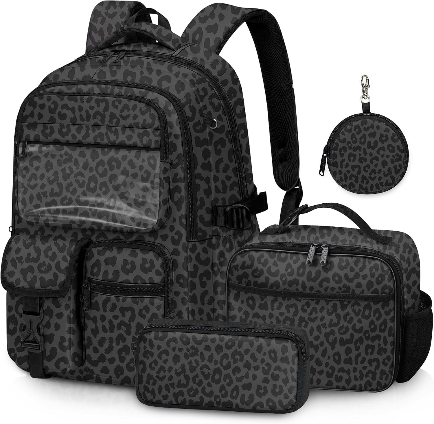 Leopard Backpack Set for Girls Boys, School Backpack with Lunch Box and Pencil Case Coin Purse, School Bookbag for Kids Kindergarten Elementary