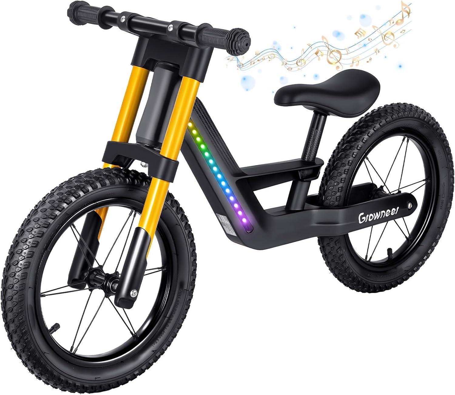 GROWNEER 14″ Kids Balance Bike for Ages 3-7 Boys Girls, Lightweight Fiber-Reinforced Frame No Pedal Balance Bike with 6 LED Light Effects, Pneumatic Tires, Adjustable Seat, Black