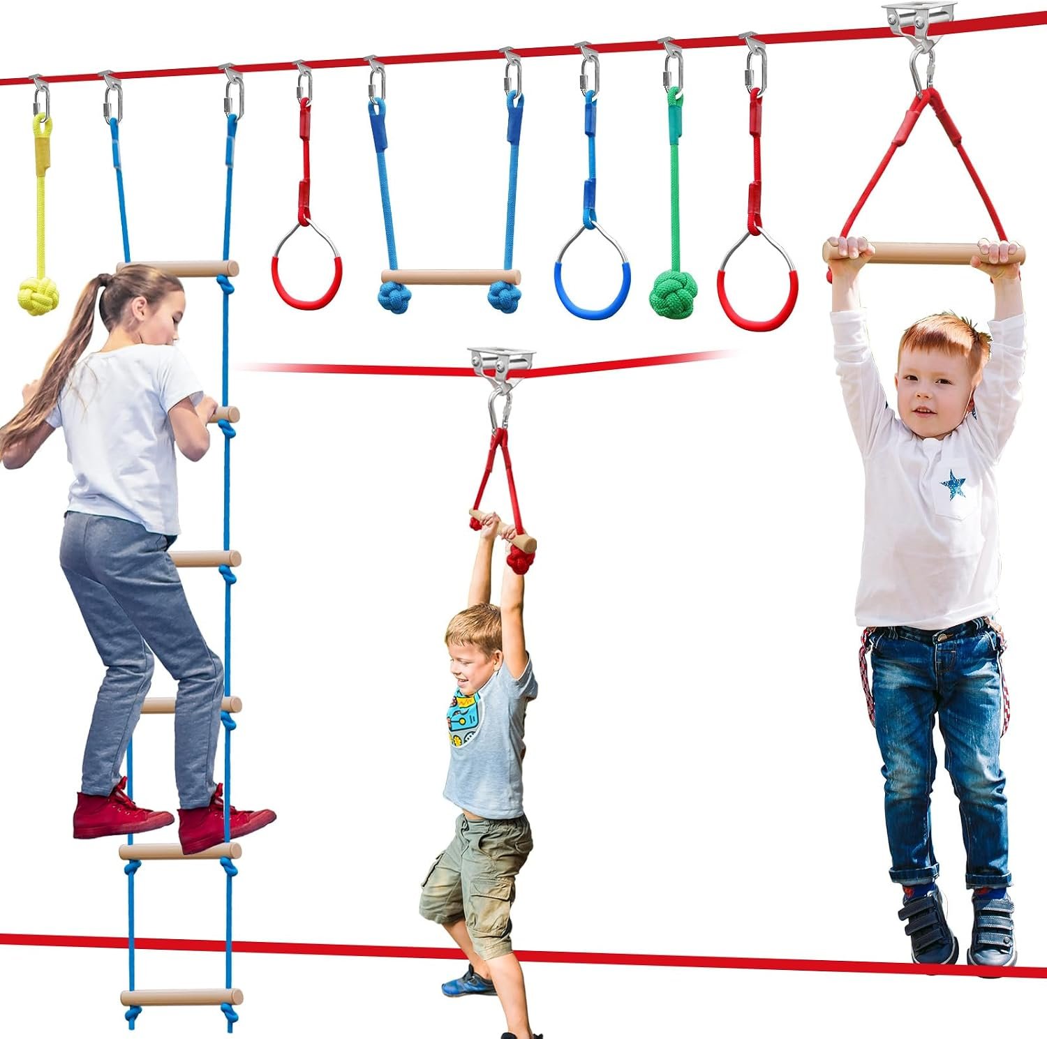 Perantlb 60ft Ninja Slackline Obstacle Course for Kids Ages 3-12, 8pcs Outdoor Accessories with Tree Protector Pads & Carry Bag, 440 LBS Load Backyard Ninja Warrior Play Set-Backyard Zip Line for Kids