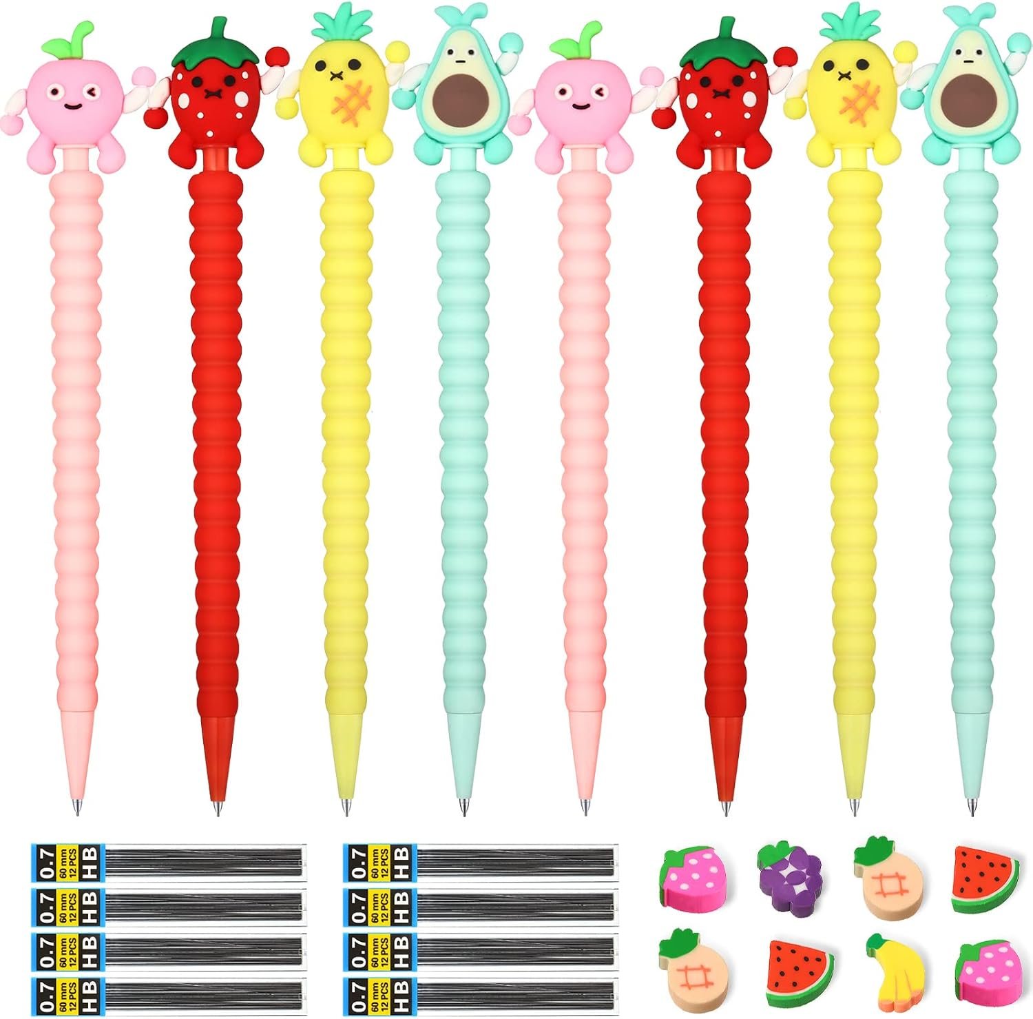 Chinco 24 Pieces Cute Mechanical Pencil with Fruit Erasers and Refills Pastel Colorful Fruit Pencils Bulk with Fun Toppers for Girls Kids Students School (0.7 mm)