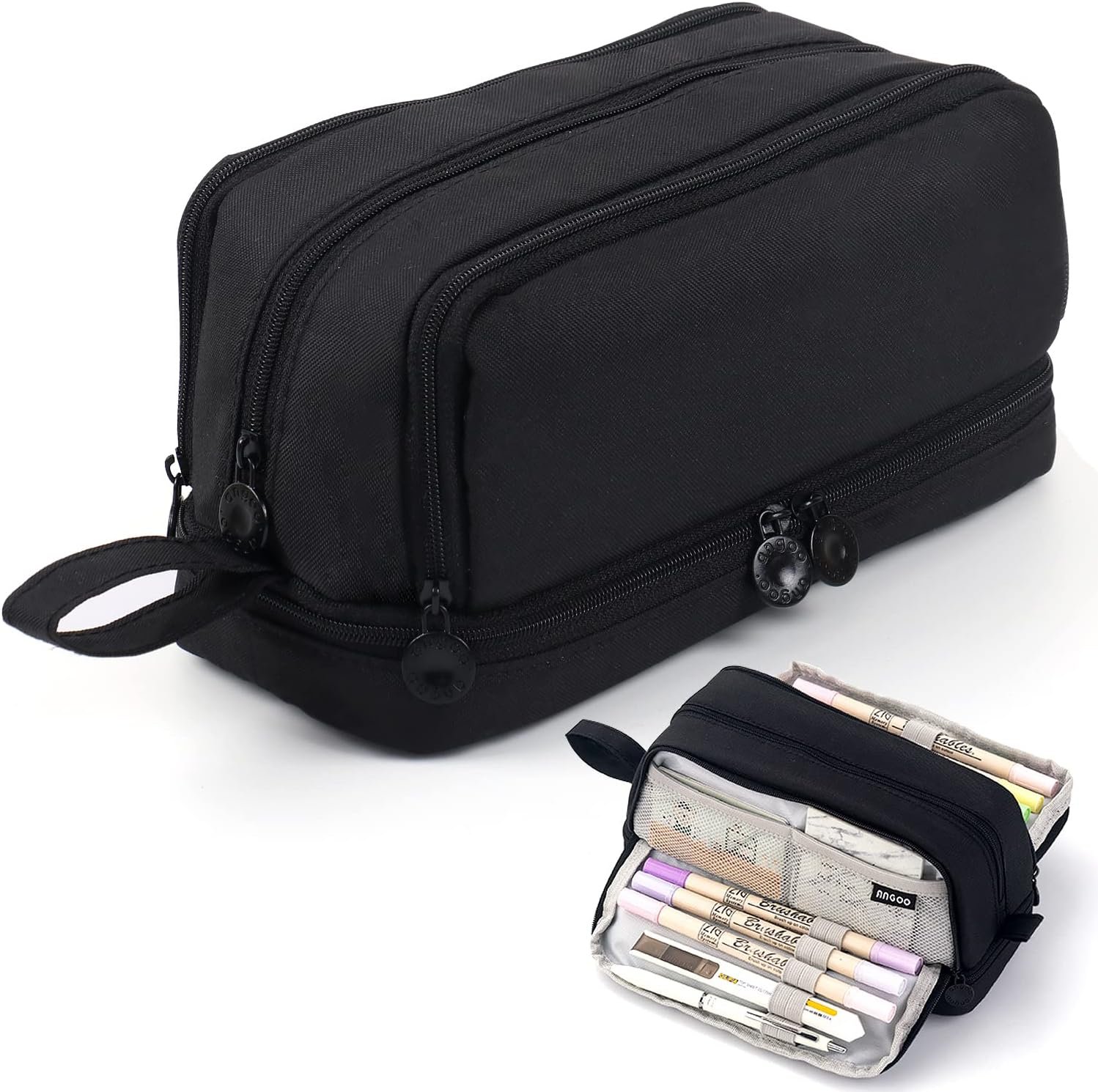 MAMUNU Large Capacity Pencil Case 4 Compartments, Pencil Pouch Bag with Zipper Portable Handle, Pen Case Bag Stationery Organizer for Office College School Adults Teen Girls Boys Men Women, Black