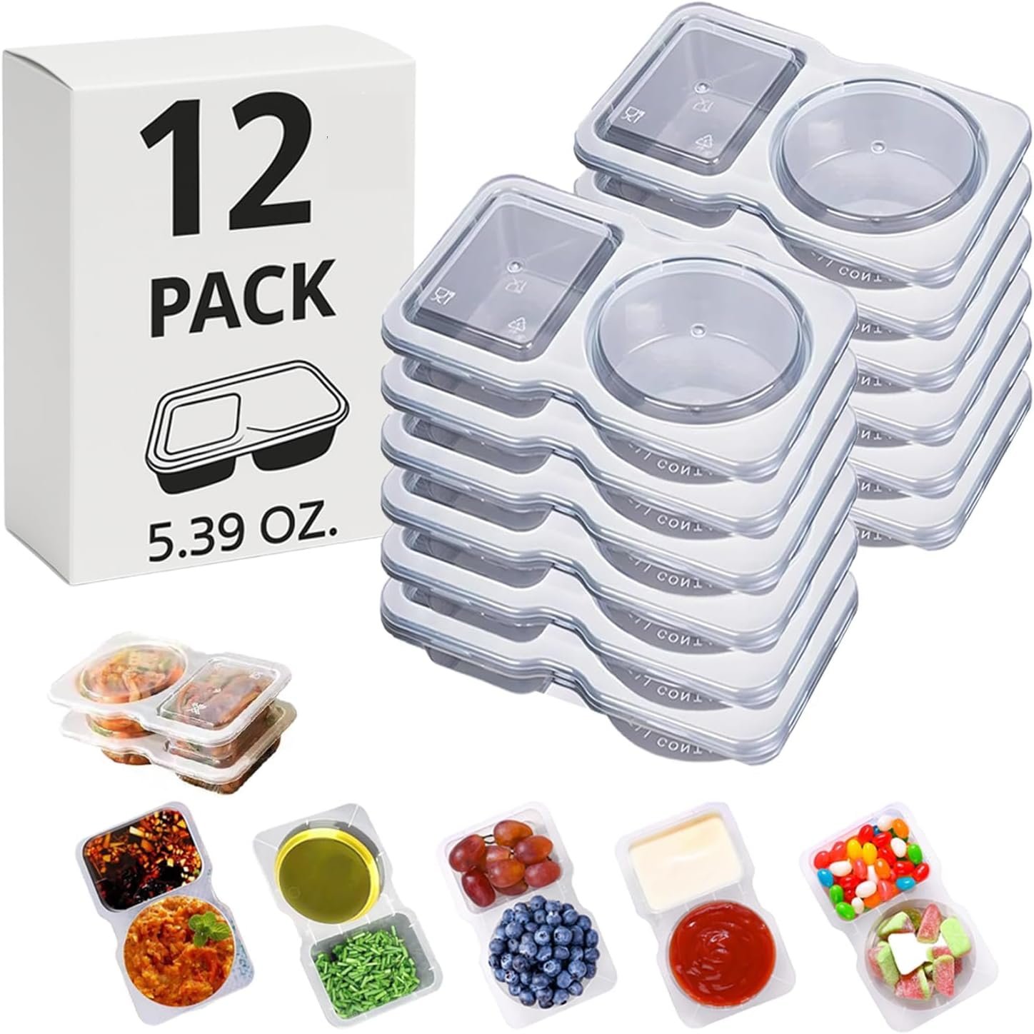 12 Sets Reusable Snack Containers Double Compartment Snackle Box Container with Lids – Leak-Proof BPA-Free Food Storage, Condiments Portion Control Dip Cups for Kids School Lunches, Meal Prep, Takeout