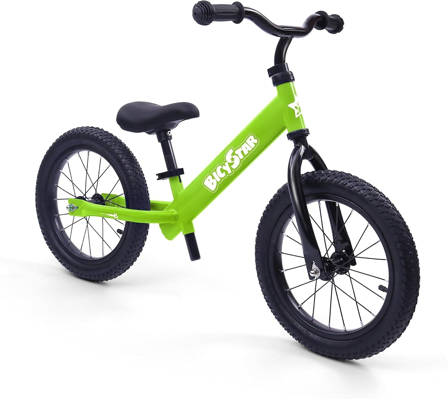 bicystar 14 Inch Balance Bike for Kids 3-5, Air Rubber Tires, Green | for bigger kids, adjustable seat & handlebar, lightweight, no pedals, easy assembly, outdoor riding, builds balance