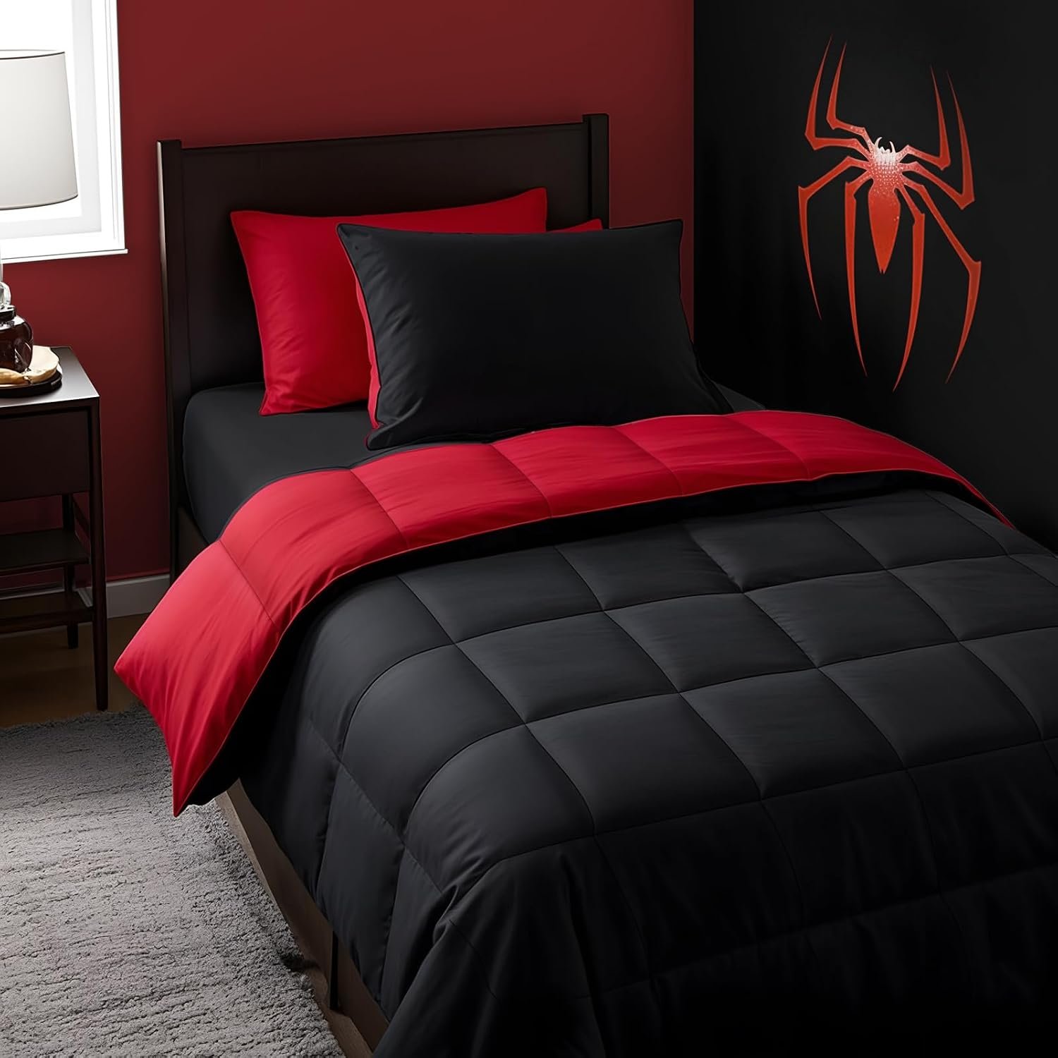 Anluoer Twin Comforter Set 5 Pieces,Bed in a Bag Twin Bedding Sets | Reversible Red&Black,Lightweight, OEKO-TEX Certified, Down Alternative Comforter, Breathable sheets & pillowcases,Kids Room