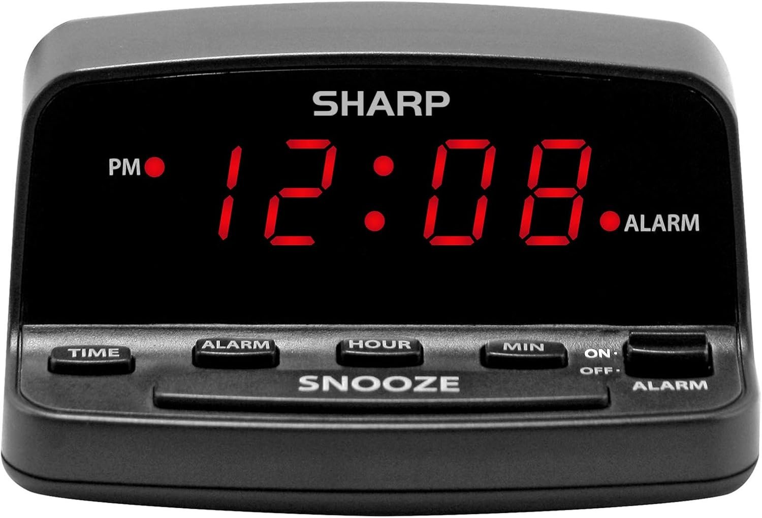 Sharp Digital Alarm Clock with Keyboard Controls, Large Snooze, Red LED | Easy-access keyboard controls; Large snooze button; Front alarm switch; Battery backup; Simple operation; Black case