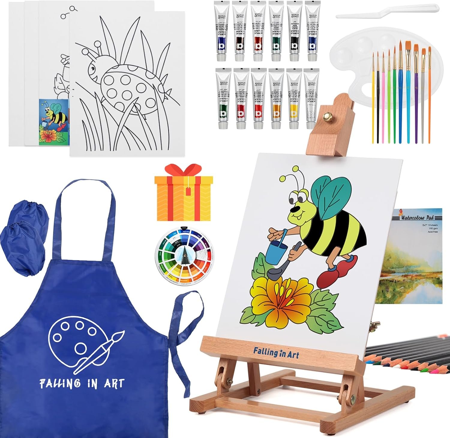 Painting Set for Kids with Table Easel | Acrylic Painting Starter Kit with Paints, Colored Pencils, Brushes, Canvas &Watercolor Pad for Christmas Gift, Blue