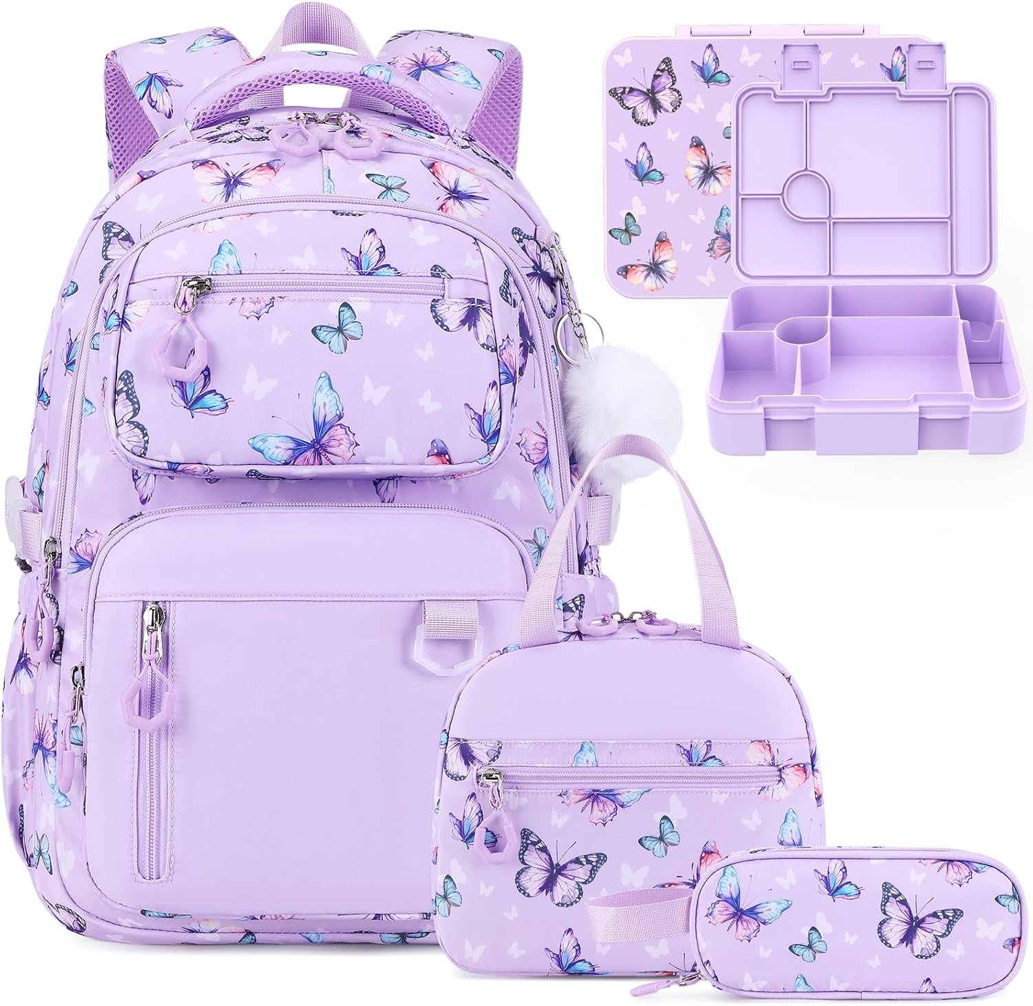 Bevalsa Backpack for Girls, 4PCS School Bookbag Teen Girls Backpack Set | with Bento Lunch Box, Insulated Bag & Pencial Case, 43oz Lunch Containers for Kids Elementary Middle Student (Purple)