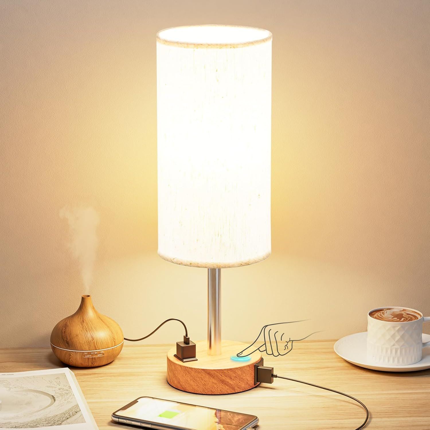 Bedside Table Lamp for Bedroom – Dimmable Touch, USB A+C, AC Outlet | 3-Way Dimmable, LED Bulb Included, Fabric Lampshade, Wood-Grain Metal Base, 14″ Small Nightstand Lamp for Desk, Living Room