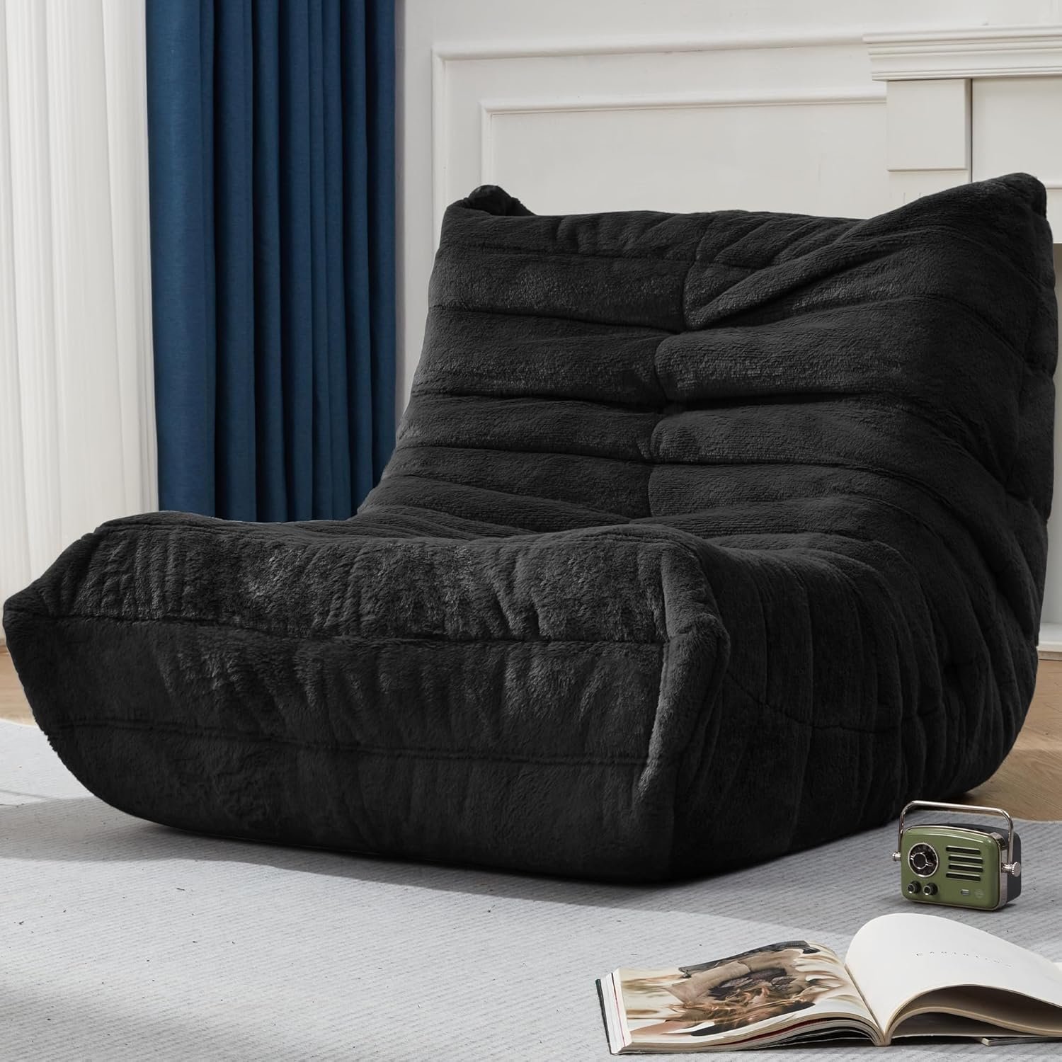 Hobestluk Adults Bean Bag Chair Faux Fur BeanBag Couch for Living Room | Black Plush,Ergonomic Design,Memory Foam,UltraSoft,Anti-slip Bottom,No Assembly Required,Decorative Style for Living Room