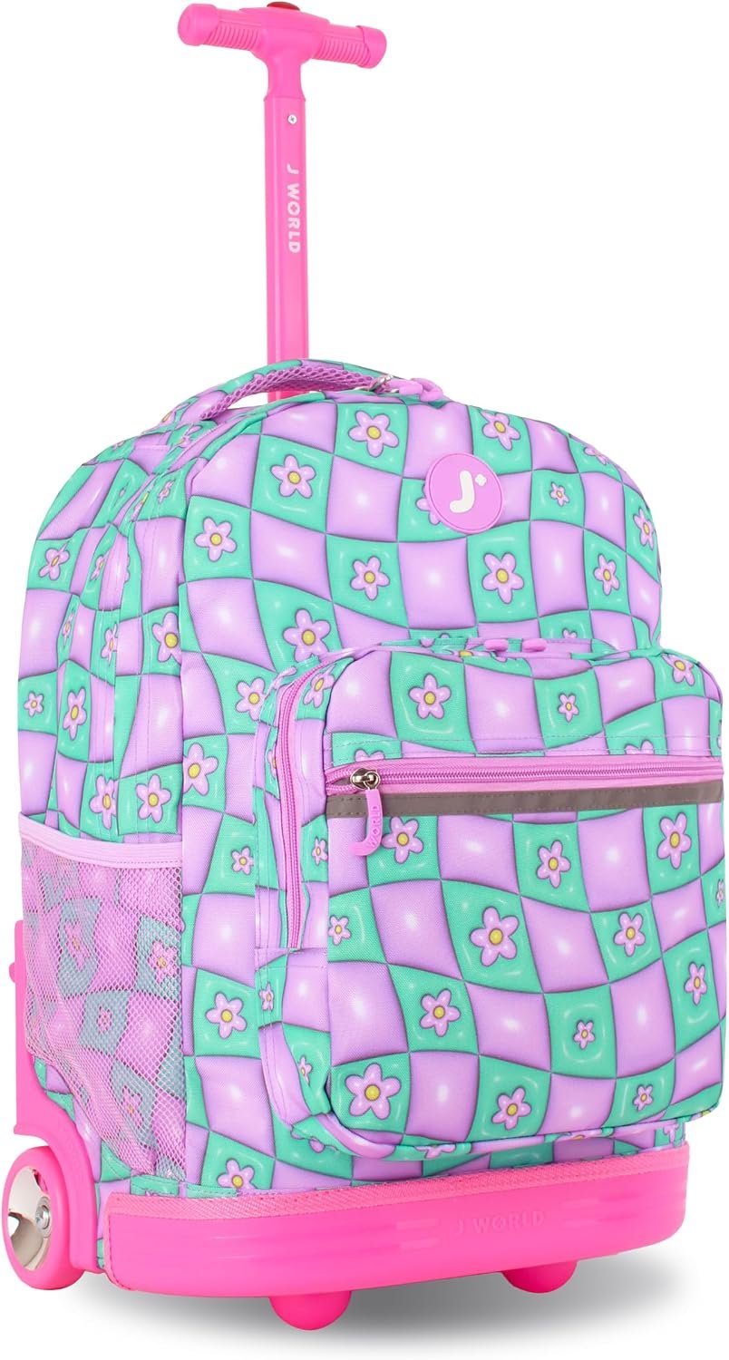 J World Sunrise Kids Rolling Backpack with Wheels for Girls Boys, Roller Bookbag for School, 18 x 13 x 9 Inches, Puffy Flower