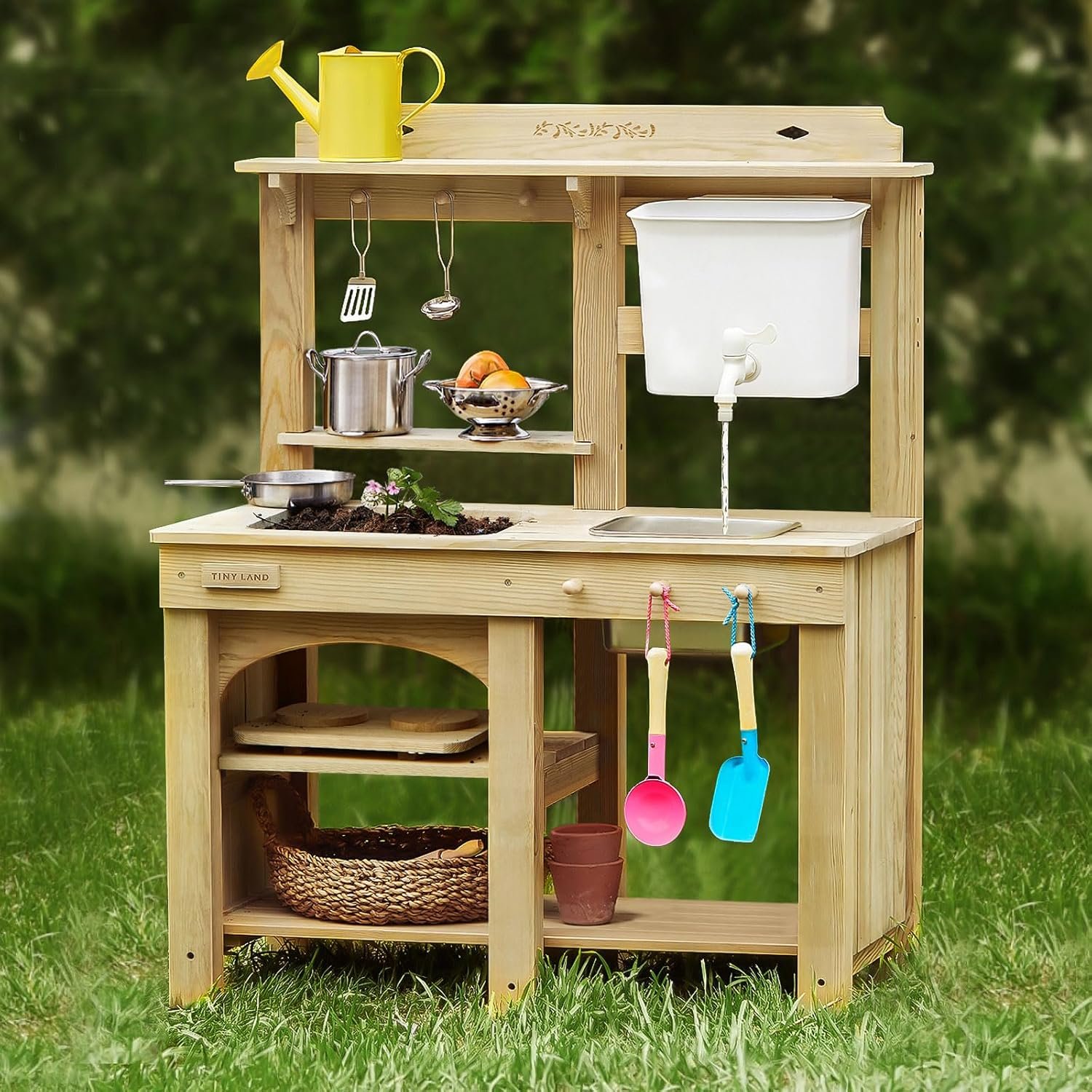 Tiny Land Outdoor Mud Kitchen for Kids Ages 3+, Wooden Water Play Kitchen | 12mm Thick Weather-Resistant Wood, 4L Water Tank & Sink, Modular Stove/Sensory Table, Large Storage, Outdoor Play