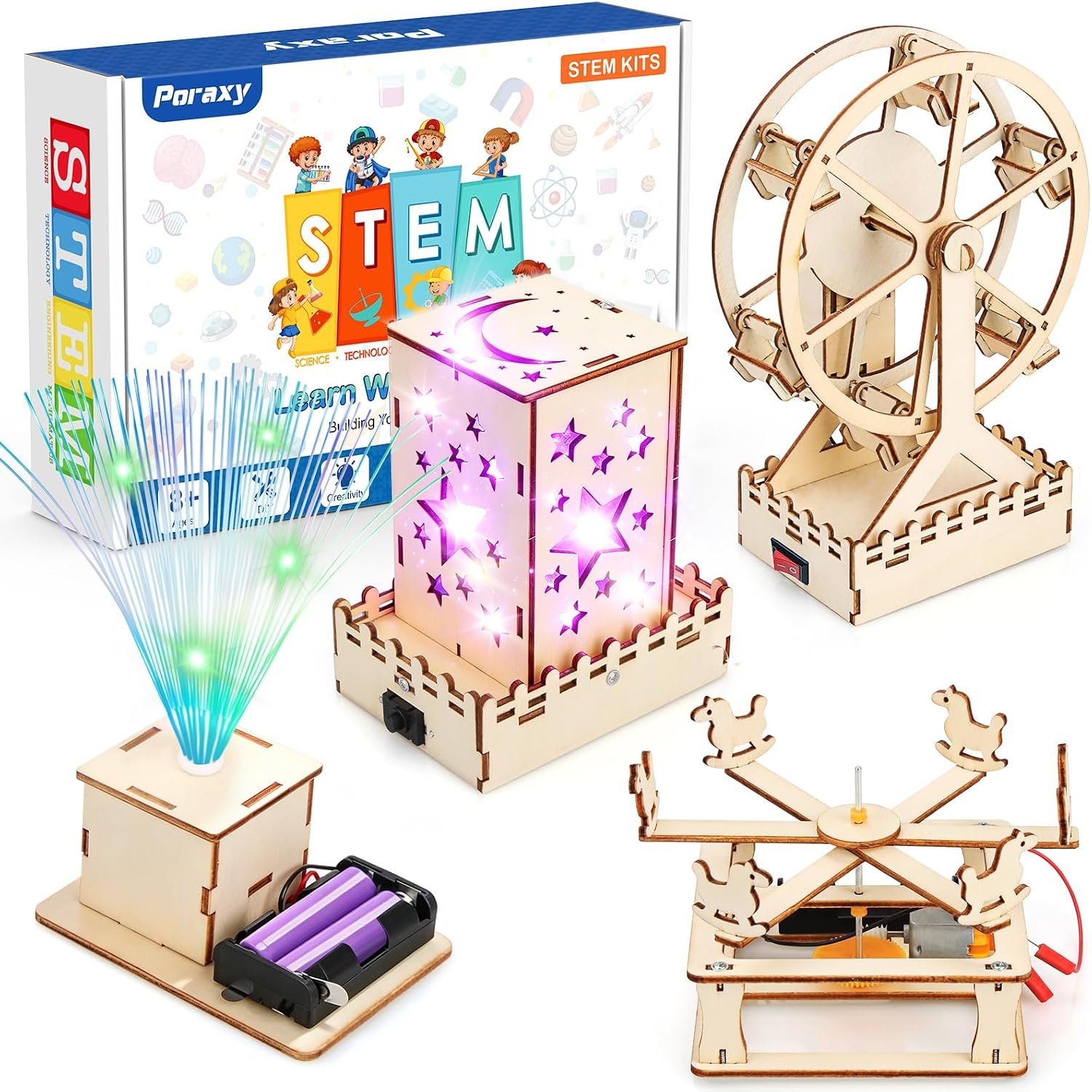 Poraxy 4 in 1 STEM Kits for Kids Age 8-10, Science Kits Building Projects for Kids, STEM Toys for Boys Girls Age 8-13, 3D Puzzles Educational Craft 8-12, Birthday Gifts for 6 7 9 10 11 12 13 Year Old